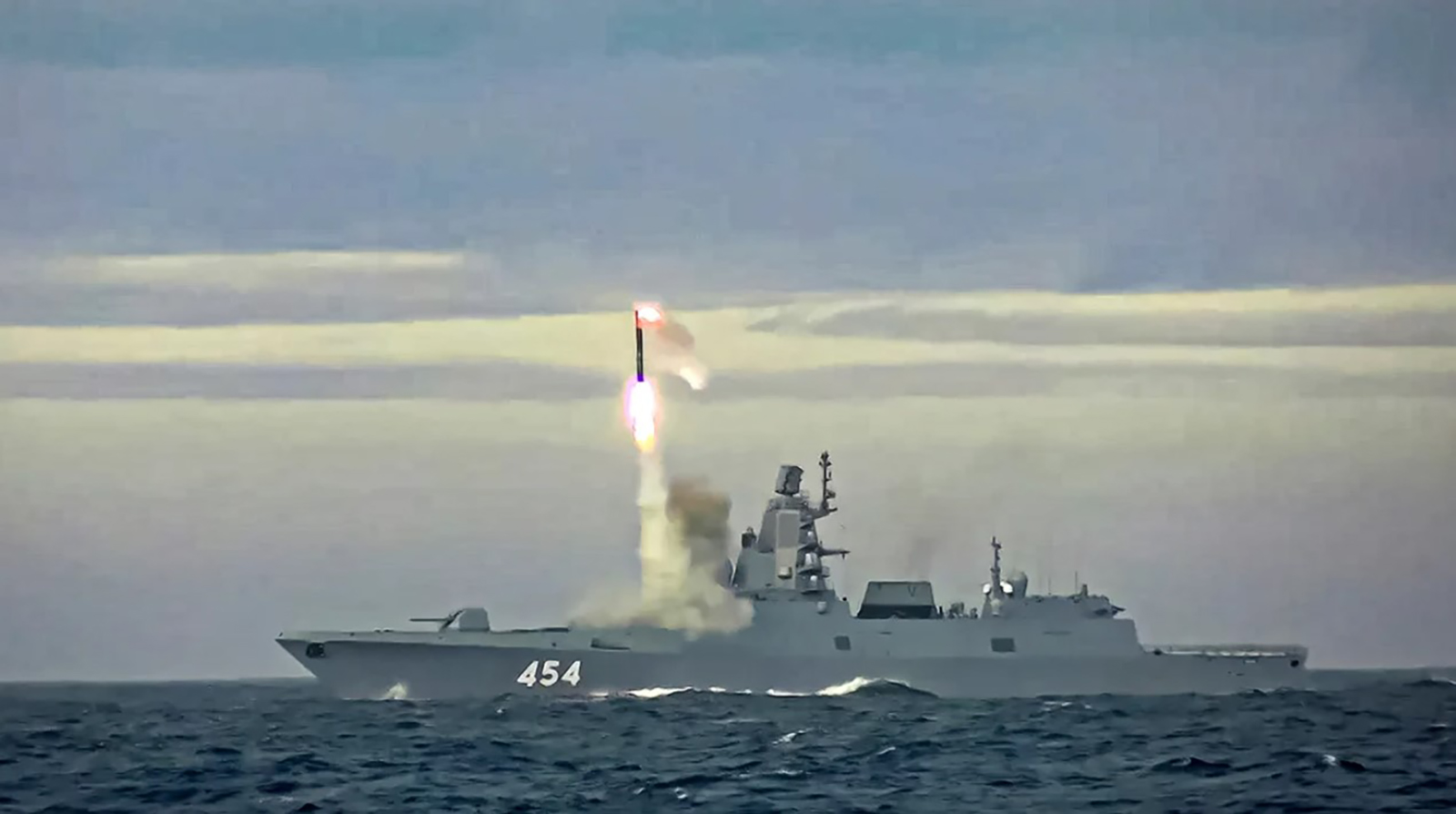 In this image taken from video released by Russian Defense Ministry in 2022, a Zircon hypersonic cruise missile is launched by a Russian navy frigate from the Barents Sea.