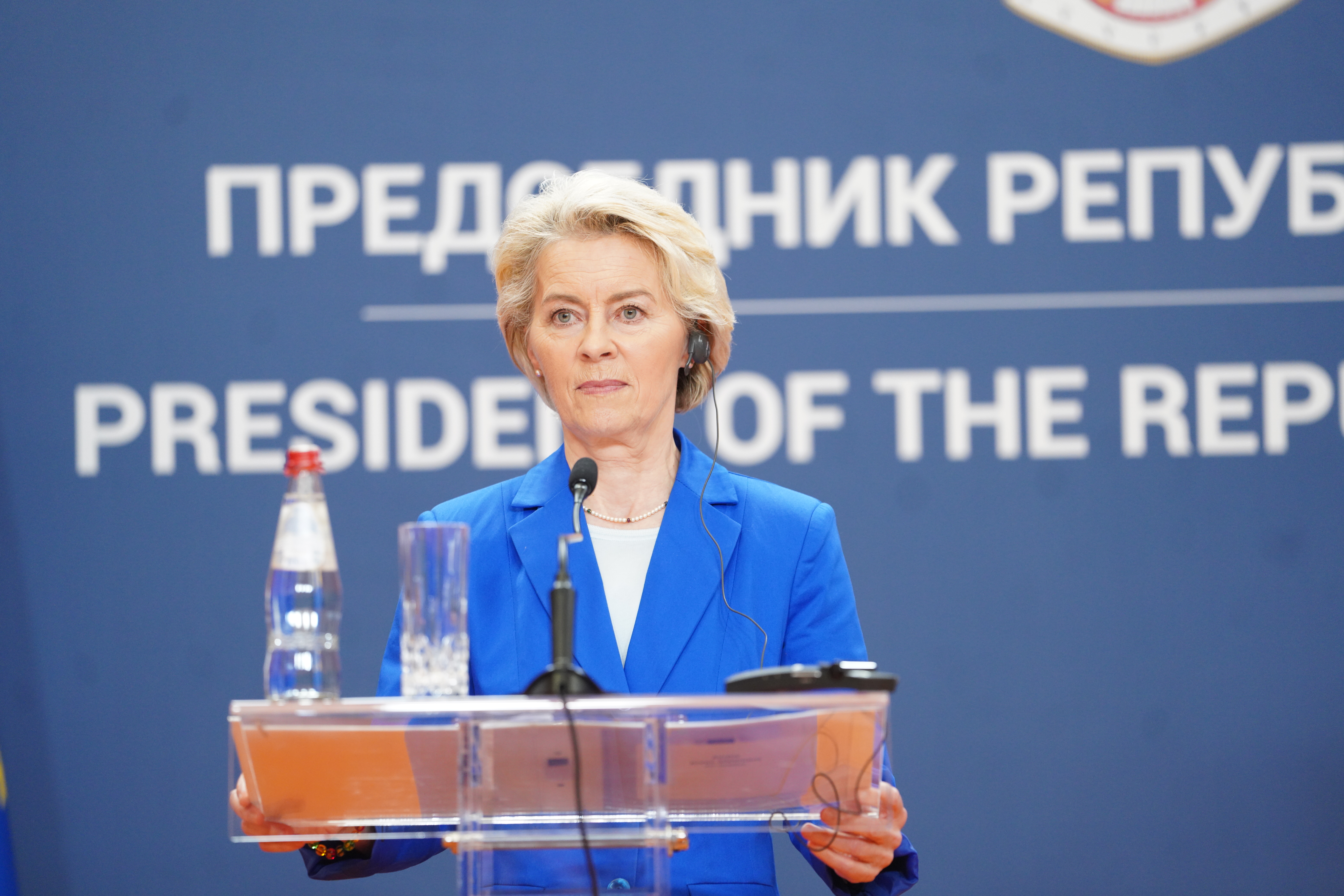 Beograd, 31. oktobra 2023.- Predsednik Srbije Aleksandar Vuèiæ i predsednica Evropske komisije Urusla fon der Lajen na zajednièkoj konferenciji za medije. FOTO TANJUG/ NEMANJA JOVANOVIÆ/ nr