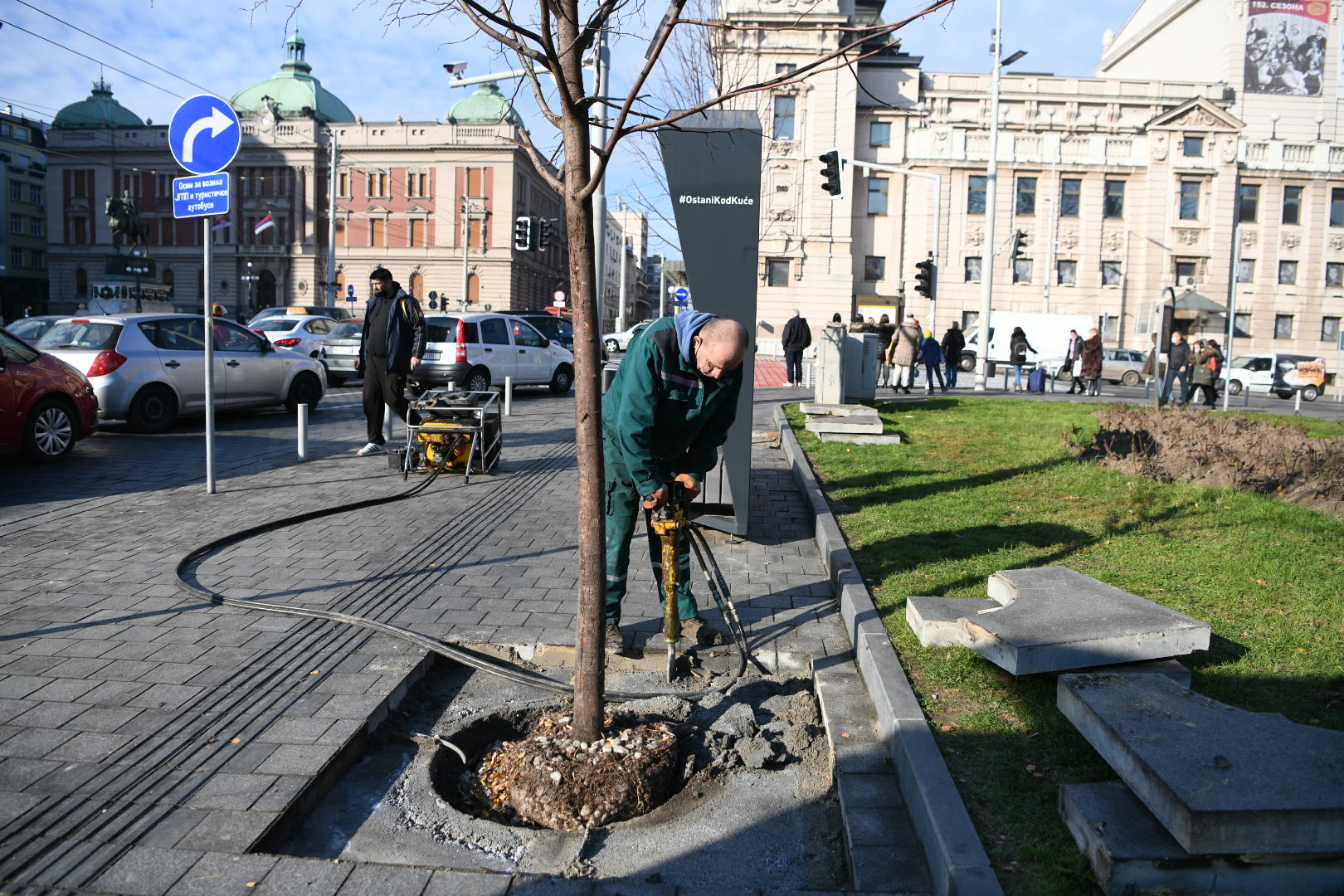 Beograd, 22.12.2020. Trg Republike, sadnice, drvo, drveće, sađenje, radovi Foto: Vesna Lalić/Nova.rs