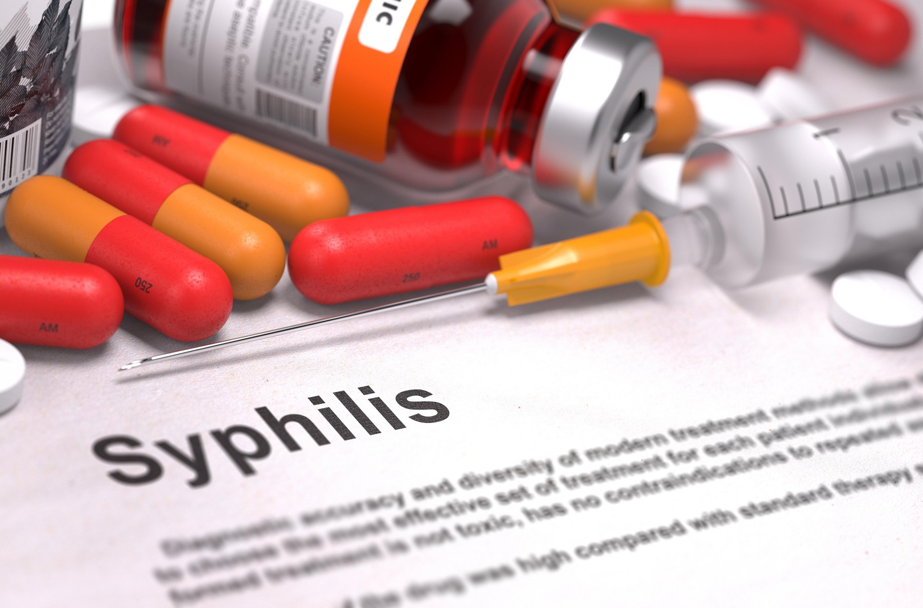 Syphilis - Printed Diagnosis with Red Pills, Injections and Syringe. Medical Concept with Selective Focus.,Image: 249737887, License: Royalty-free, Restrictions: , Model Release: no, Credit line: Illia Uriadnikov / Alamy / Alamy / Profimedia