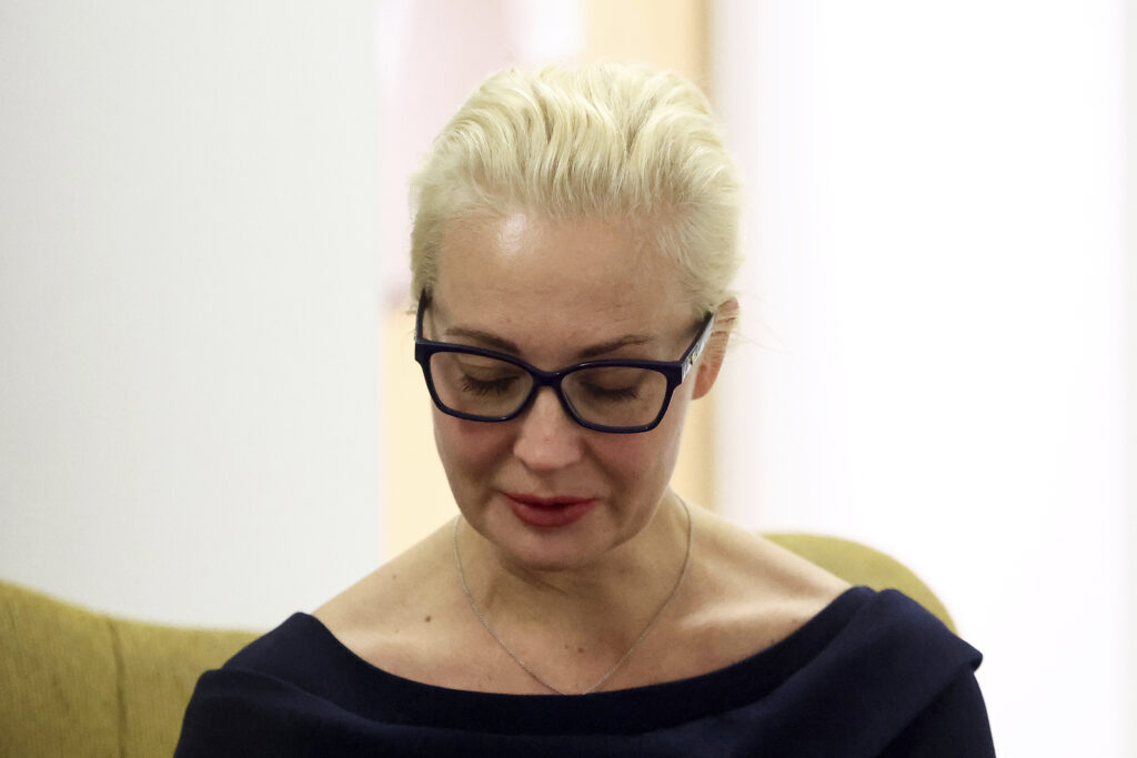Yulia Navalnaya, wife of Russian opposition leader Alexei Navalny, speaks as she meets with Belgium's Foreign Minister Hadja Lahbib at the European Council building in Brussels, Monday, Feb. 19, 2024. (Yves Herman, Pool Photo via AP)