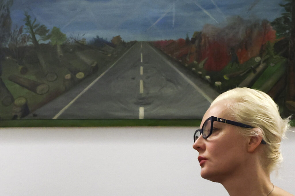 Yulia Navalnaya, wife of Russian opposition leader Alexei Navalny, listens as she meets with Belgium's Foreign Minister Hadja Lahbib at the European Council building in Brussels, Monday, Feb. 19, 2024. (Yves Herman, Pool Photo via AP)