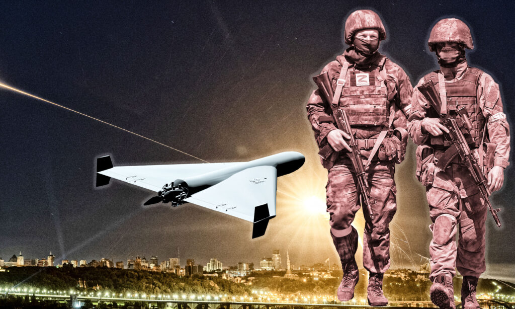 Ruska vojska napala olgarha dronom sahid Military kamikaze drone flying over forest in the clouds, Combat drone in the sky, war in Ukraine. Iranian drone attack Shahed, 3D.