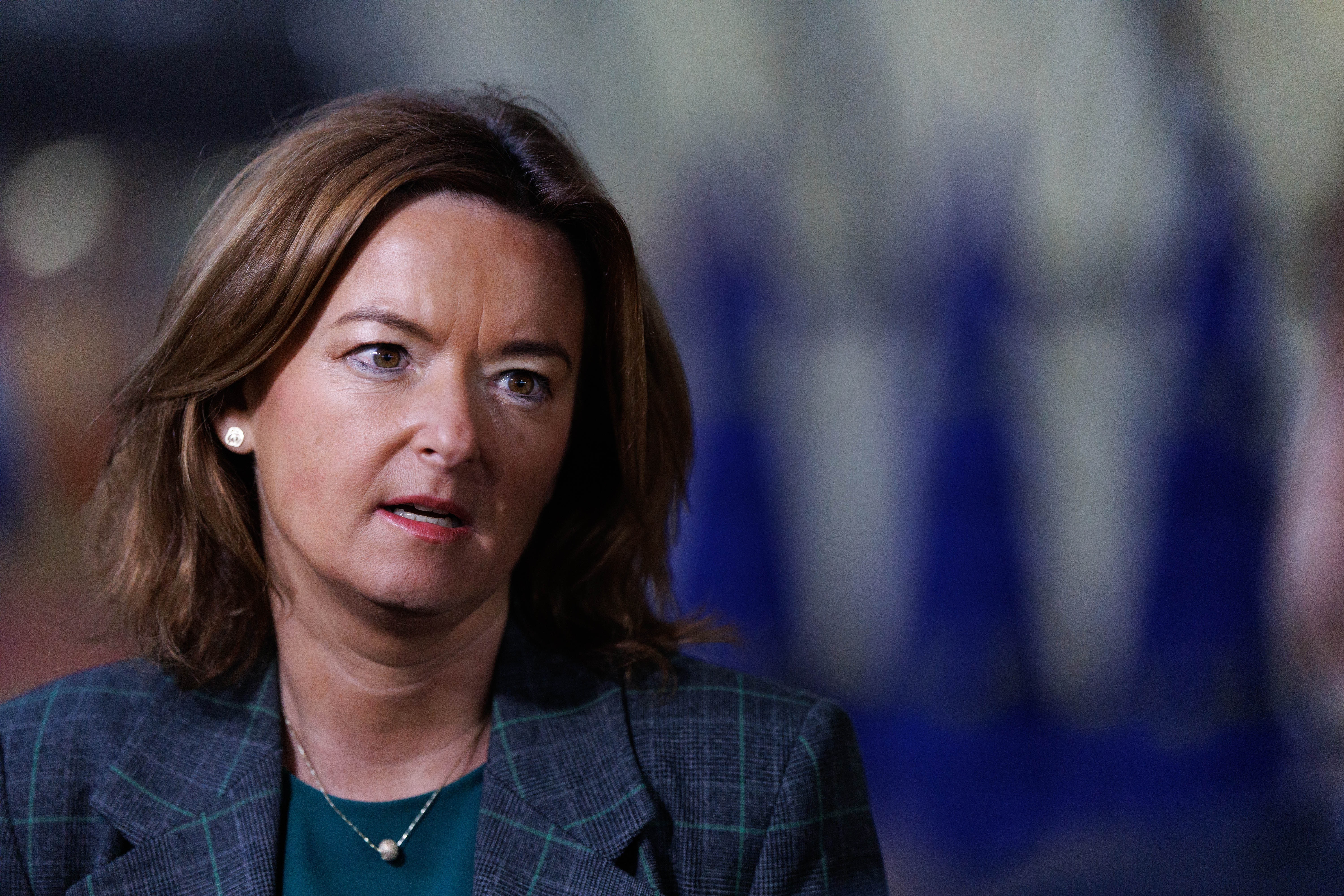epa11166231 Slovenia's Minister of Foreign and European Affairs Tanja Fajon speaks with the press during the EU Foreign Affairs council meeting in Brussels, Belgium, 19 February 2023.  EPA-EFE/OLIVIER MATTHYS