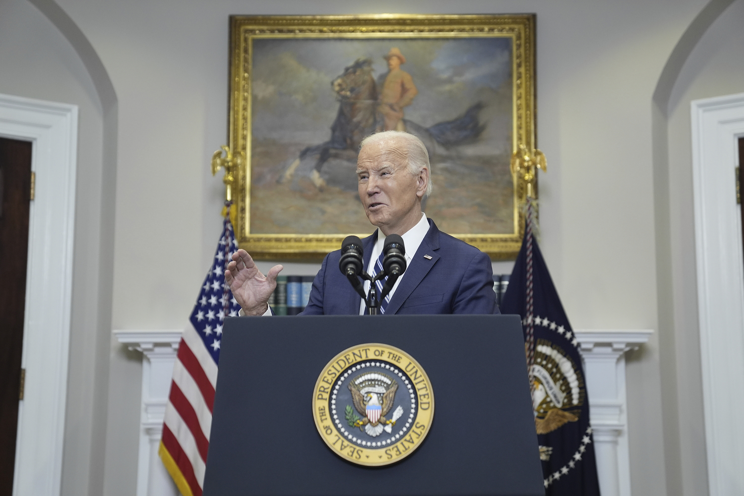 President Joe Biden delivers remarks on the death of Russian opposition leader Alexei Navalny, in the Roosevelt Room of the White House, Friday, Feb. 16, 2024, in Washington. (AP Photo/Evan Vucci)