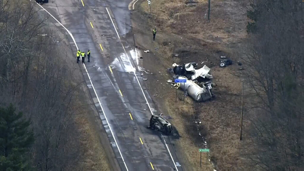 This image from video provided by KMSP-TV shows the scene of a fatal crash, Friday, March 8, 2024 in Dewhurst, Wis. Multiple people were killed in a western Wisconsin traffic crash involving a semitruck and a van, state’s governor says. (KMSP-TV via AP)