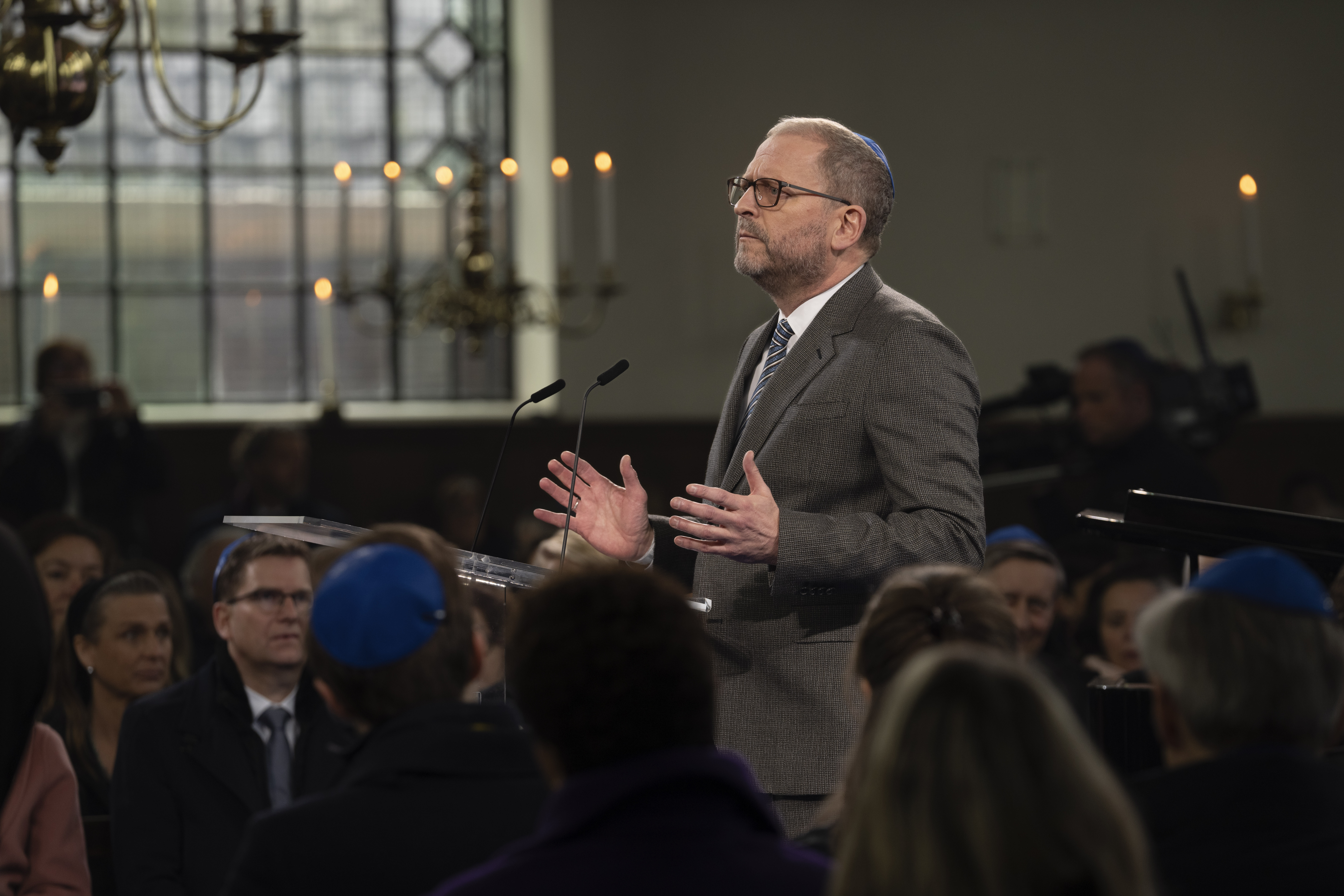 Emile Schrijver, director of the National Holocaust Museum, speaks at the Portuguese Synagogue during a ceremony marking the opening of the new National Holocaust Museum in Amsterdam, Netherlands, Sunday, March 10, 2024. (AP Photo/Peter Dejong, Pool)