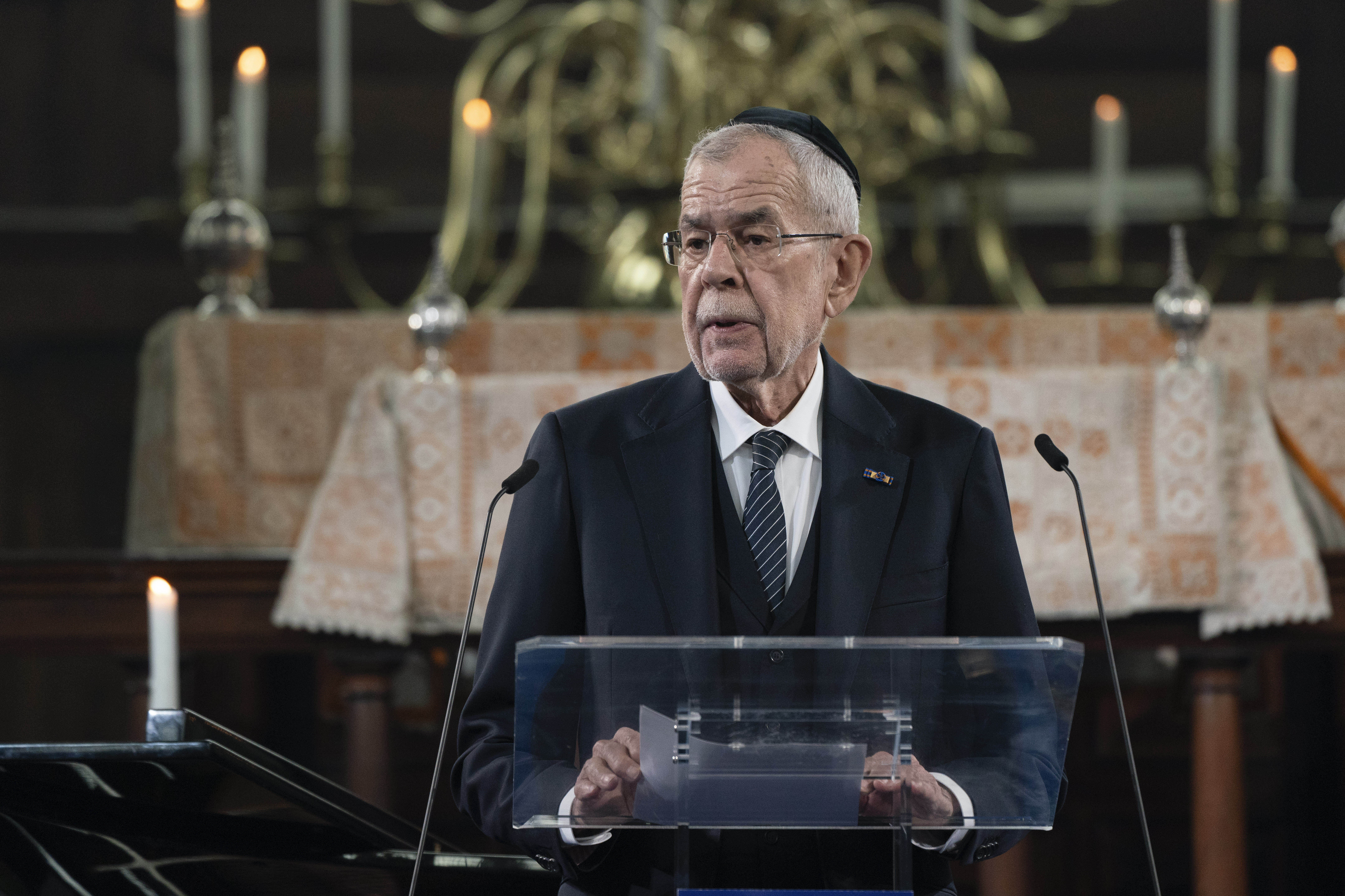 Austria President Alexander Van der Bellen speaks at the Portuguese Synagogue during a ceremony marking the opening of the new National Holocaust Museum in Amsterdam, Netherlands, Sunday, March 10, 2024. (Bart Maat/Pool Photo via AP)