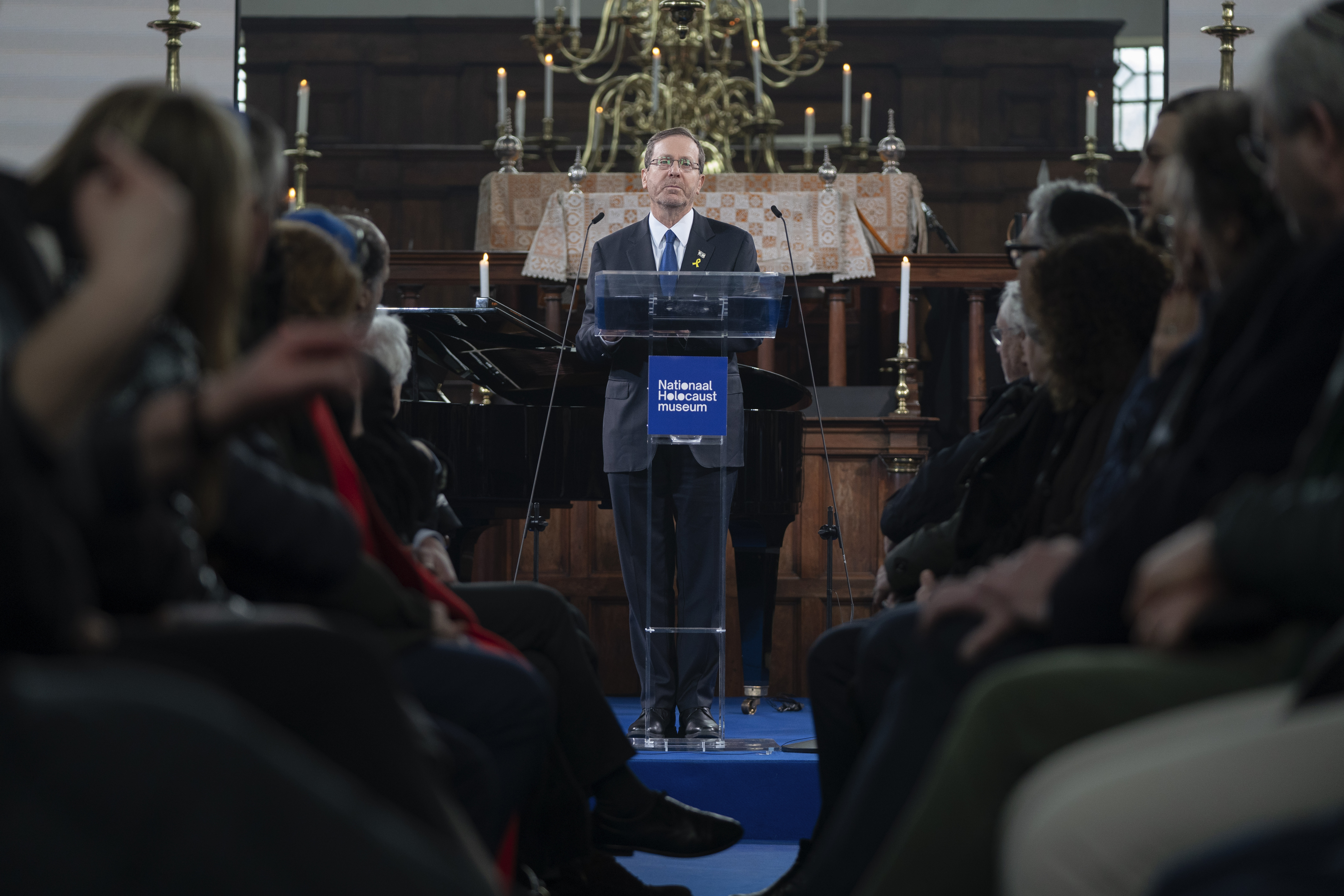 Israel's President Isaac Herzog speaks at the Portuguese Synagogue during a ceremony marking the opening of the new National Holocaust Museum in Amsterdam, Netherlands, Sunday, March 10, 2024. (Bart Maat/Pool Photo via AP)
