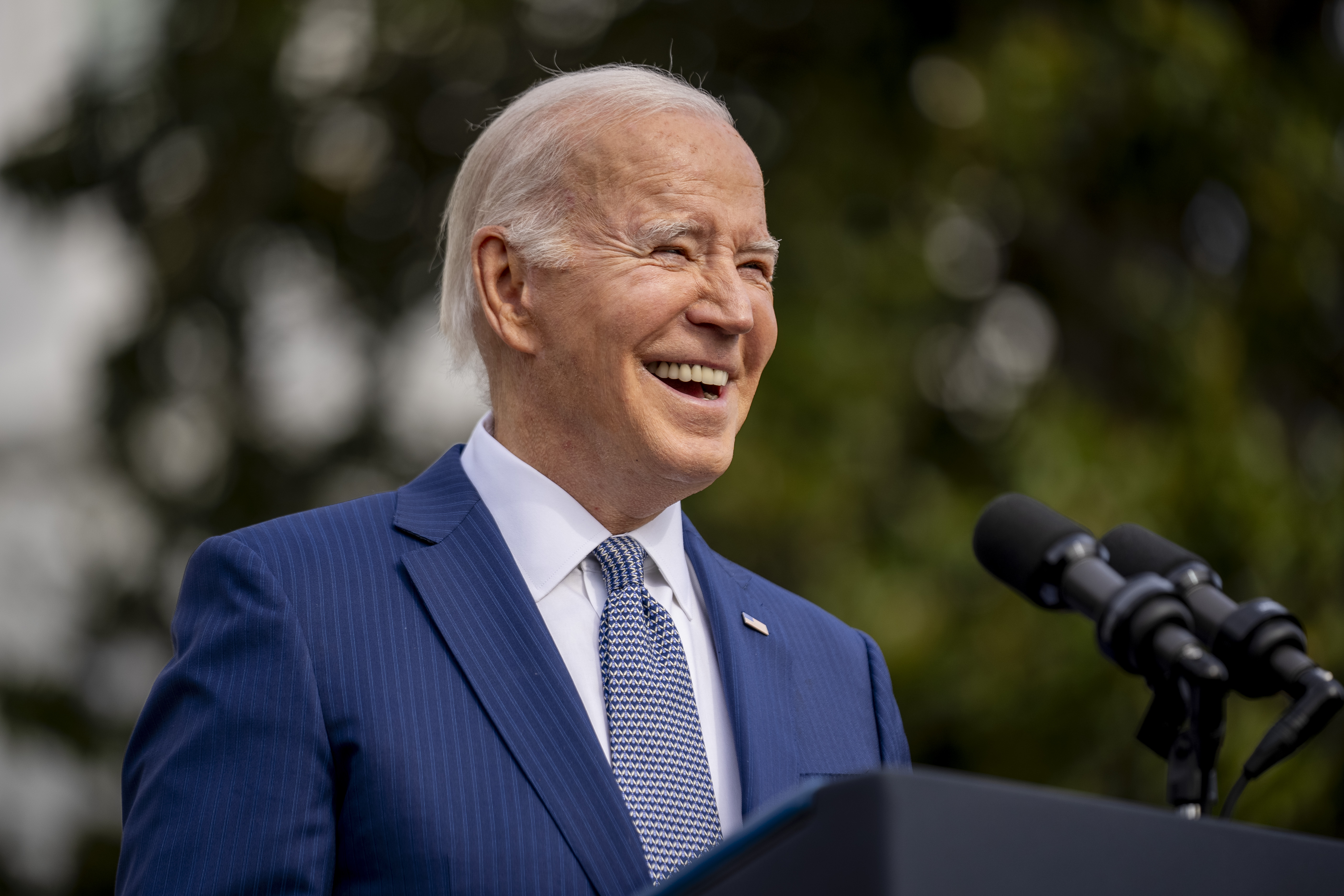 President Joe Biden speaks before pardoning the national Thanksgiving turkeys, Liberty and Bell, at a ceremony on the South Lawn of the White House in Washington, Monday, Nov. 20, 2023. (AP Photo/Andrew Harnik)