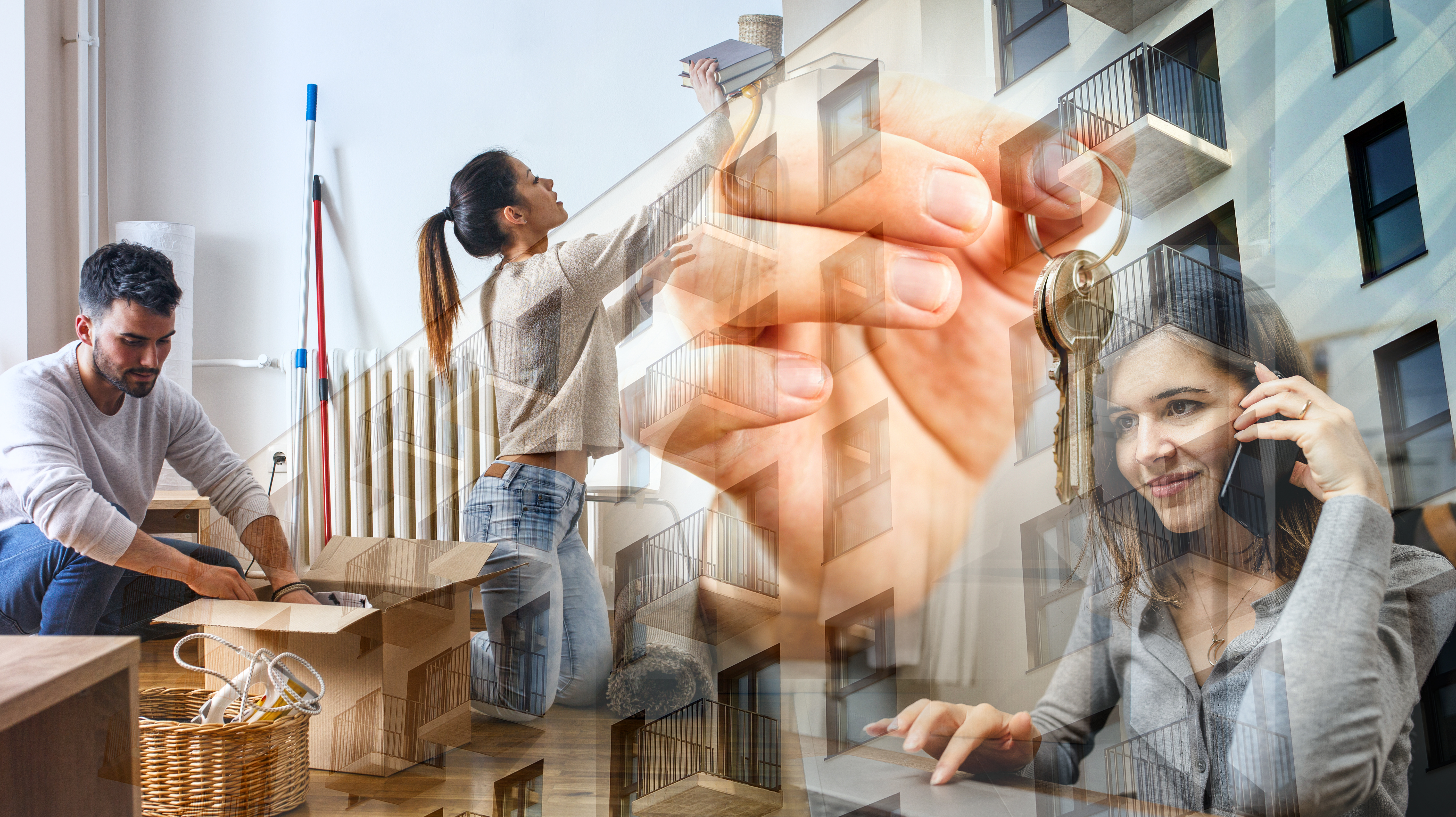 Modern apartment building on a sunny day with a blue sky. Facade of a modern apartment building.Glass surface with sunlight. Rising sun on the horizon. izdavanje stanova