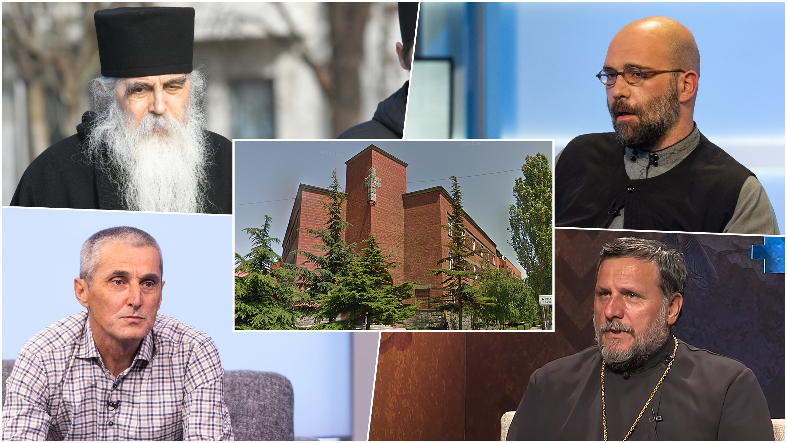 Vulašin Milićević, Rodoljub Kubat, Dragomir Sando u fokus, naspram njih Irinej Bulović, Bogoslovski fakultet, kombo Foto: Nemanja Jovanović/Nova.rs/Ivan Dinić/Nova/Printscreen/Tv Hram/Google maps