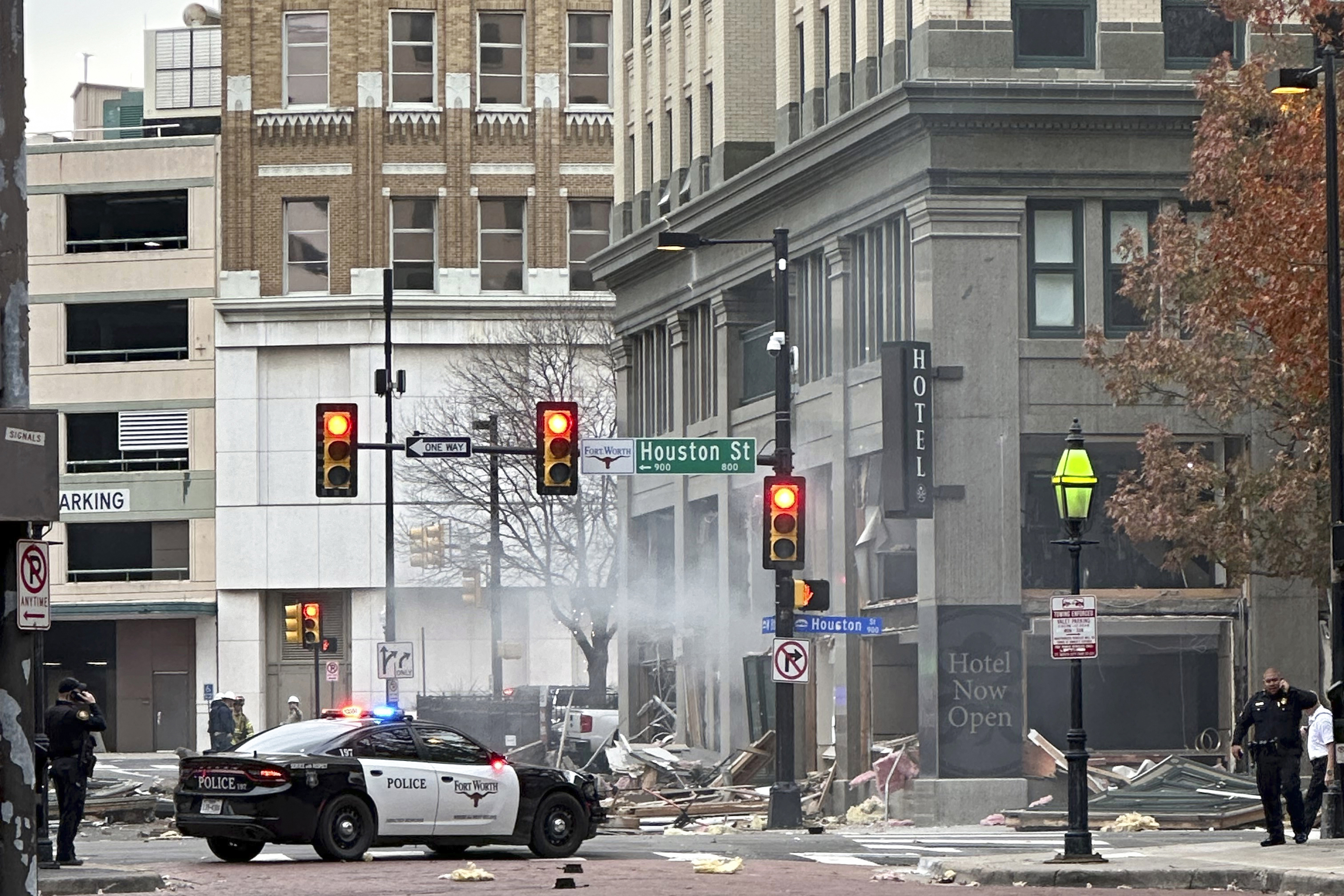 First responders work the scene after an explosion at the Sandman Signature hotel on Monday, Jan. 8, 2024, in Fort Worth, Texas. (Cameron Arnold via AP)