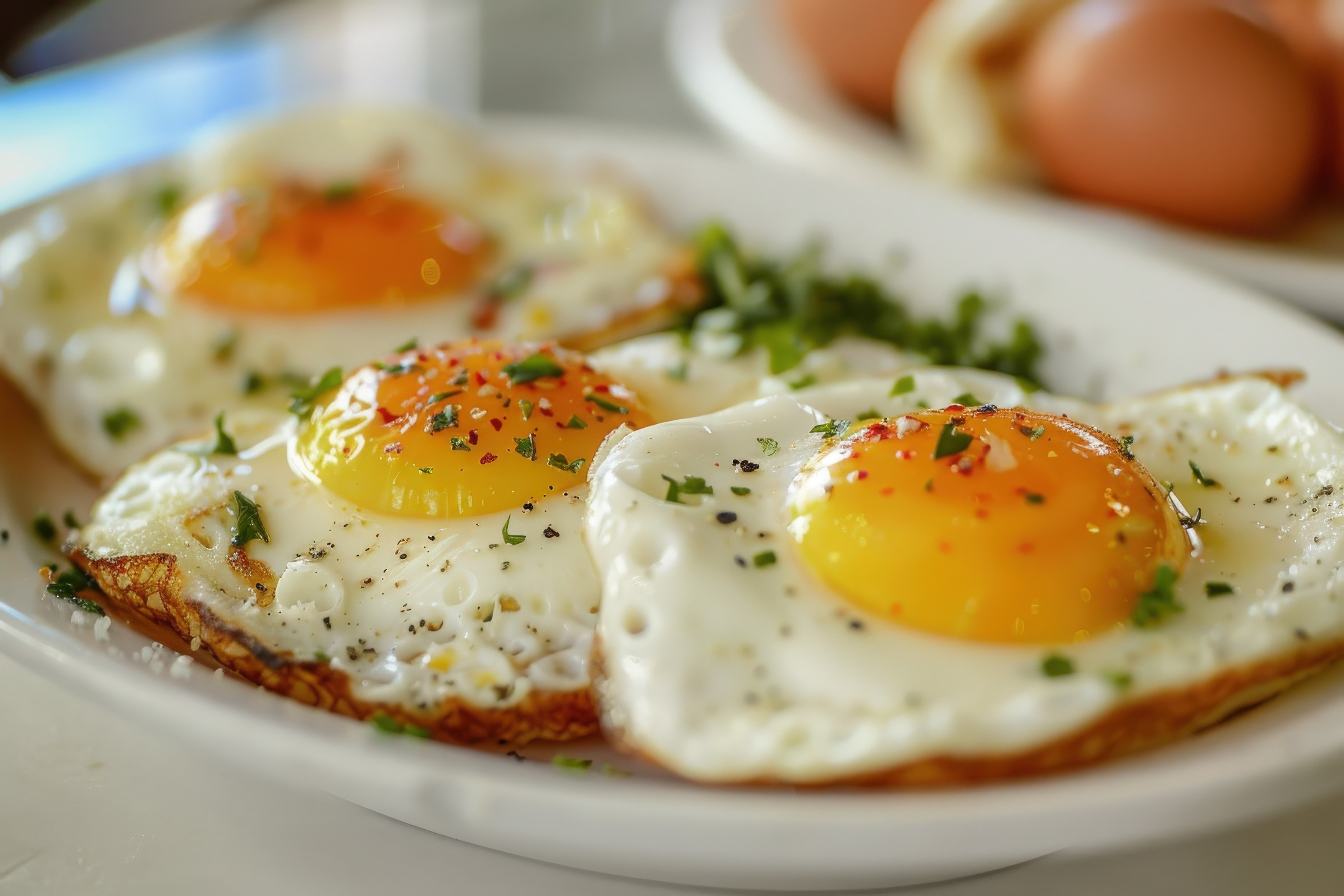 Three perfectly fried eggs with golden yolks sit on a white plate, garnished with fresh herbs, evoking a sense of morning comfort.