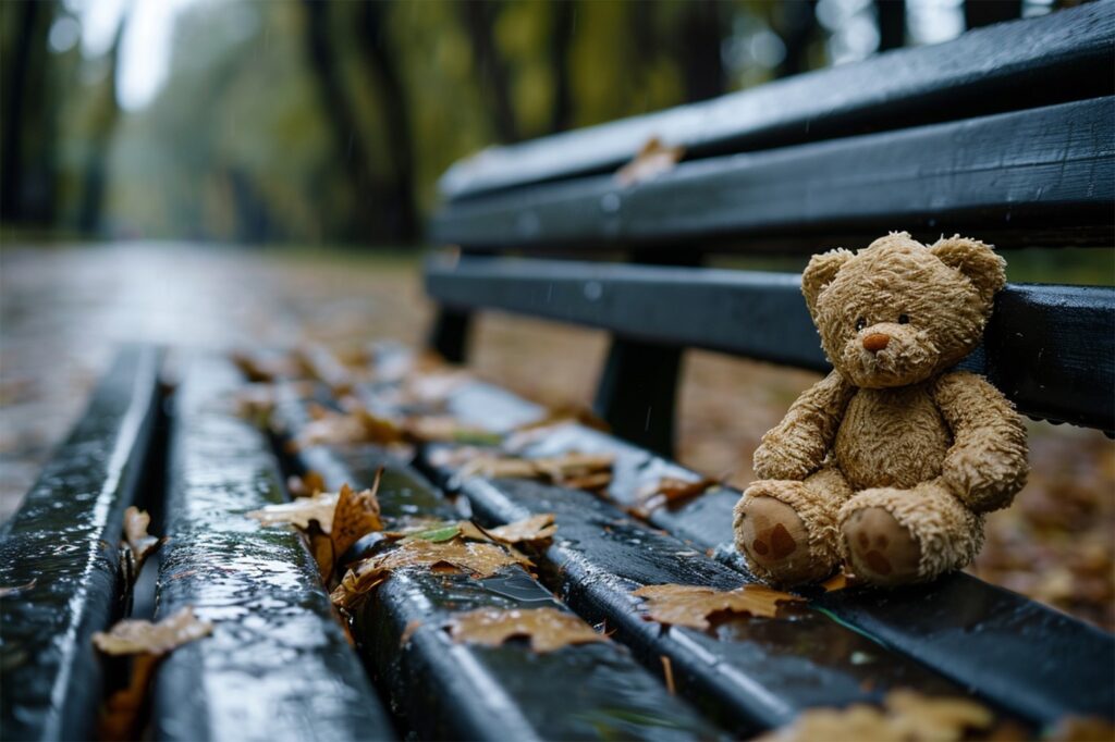 Lonely lost bear on a bench in a rainy park. Loneliness concept,  International Missing Children's Day,Image: 839275173, License: Royalty-free, Restrictions: , Model Release: no, Credit line: Margarita Davchenko / Panthermedia / Profimedia