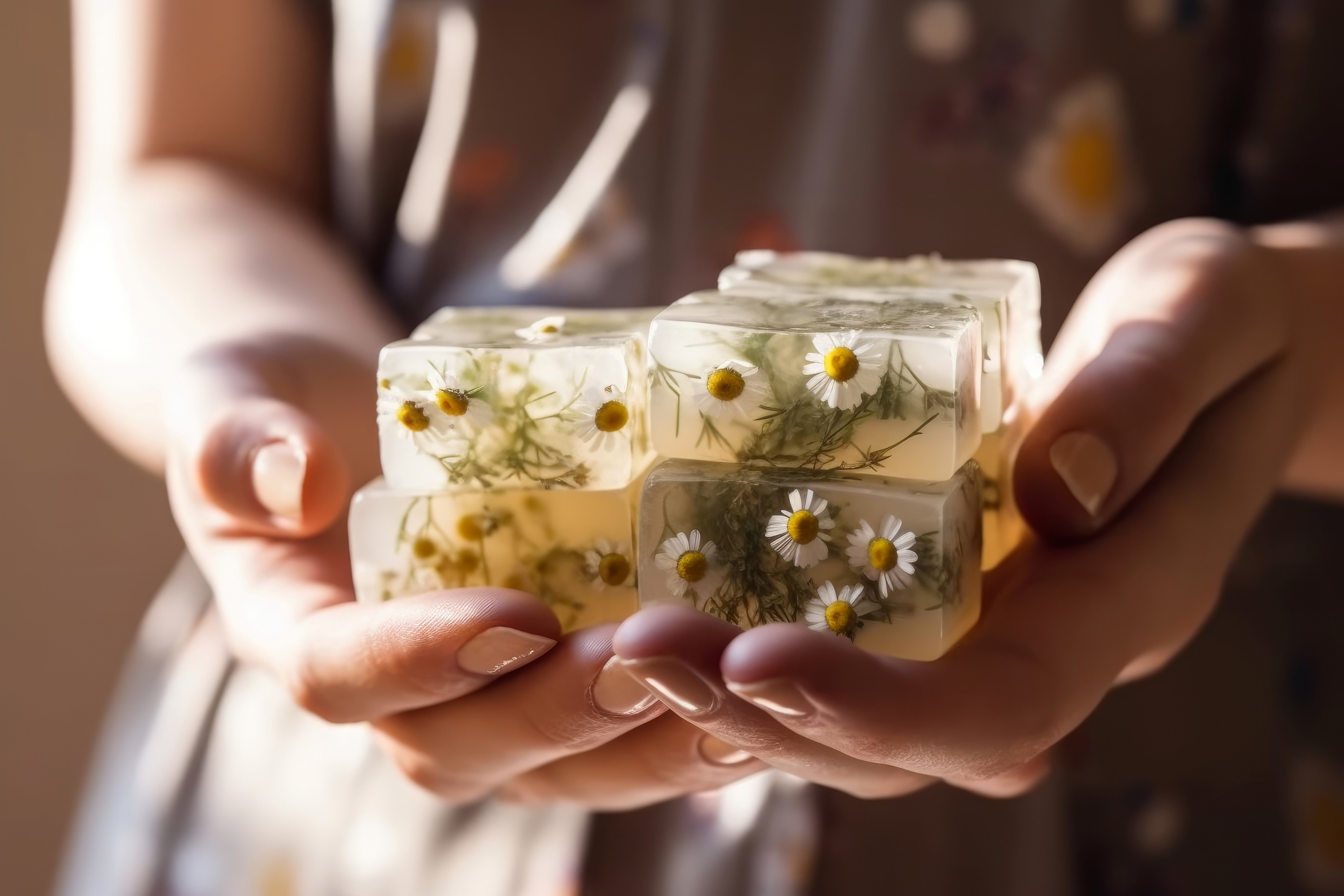 Chamomile soaps woman hands. Generate AI