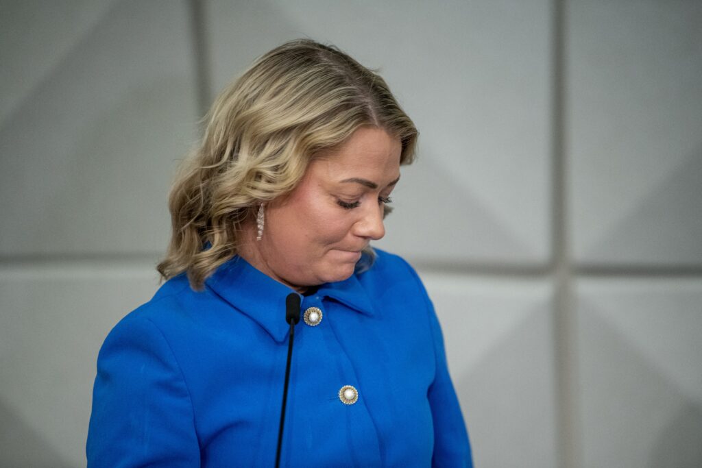 epa11090646 Sandra Borch, Norway's Minister of Research and Higher Education, speaks during a press conference in Oslo, Norway, 19 January 2024. Sandra Borch announced her resignation over a plagiarism scandal.  EPA-EFE/Rodrigo Freitas  NORWAY OUT