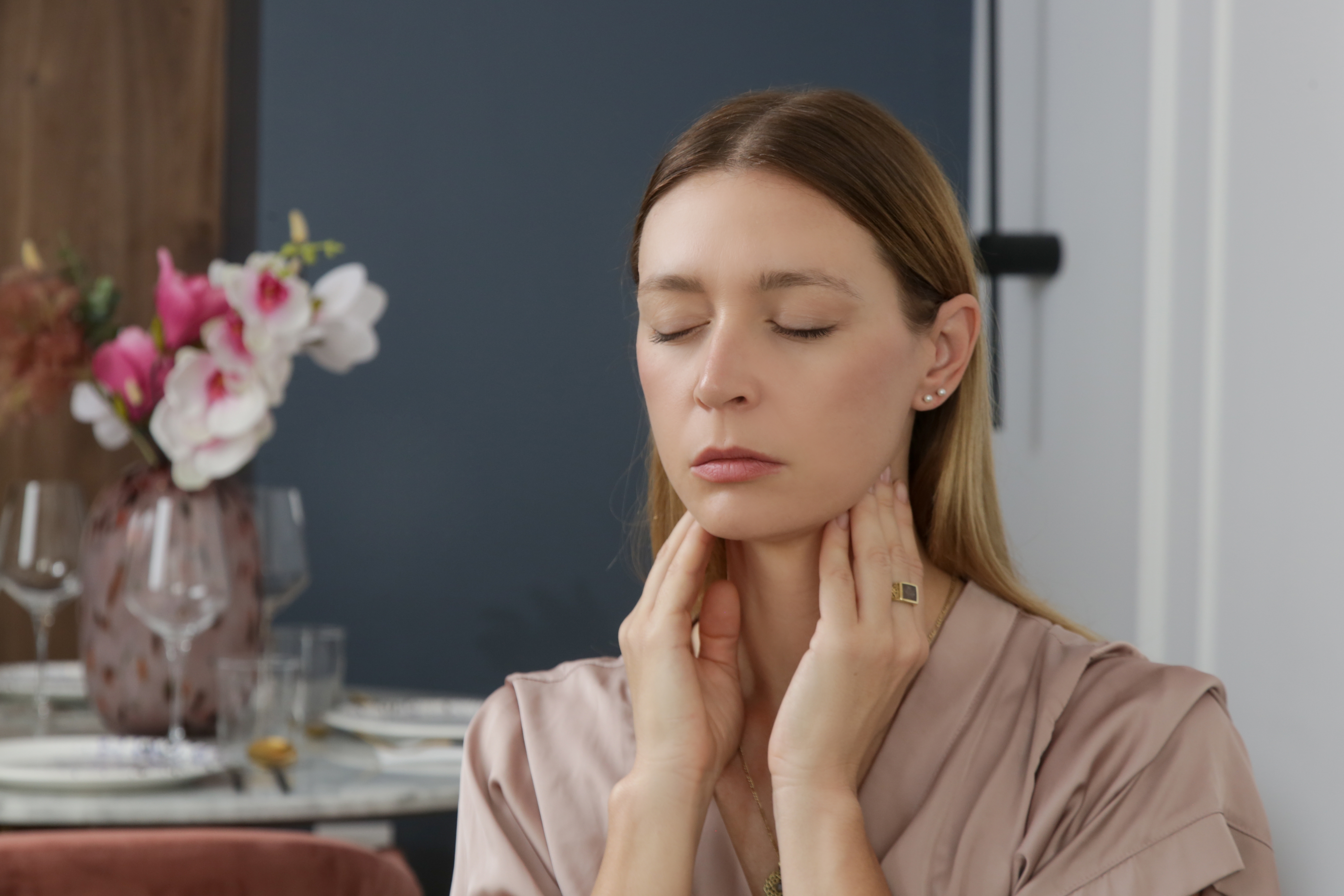 Caucasian,Woman,Touching,Her,Throat.,Sore,Throat,,Cold,,Flu,,Tonsillitis