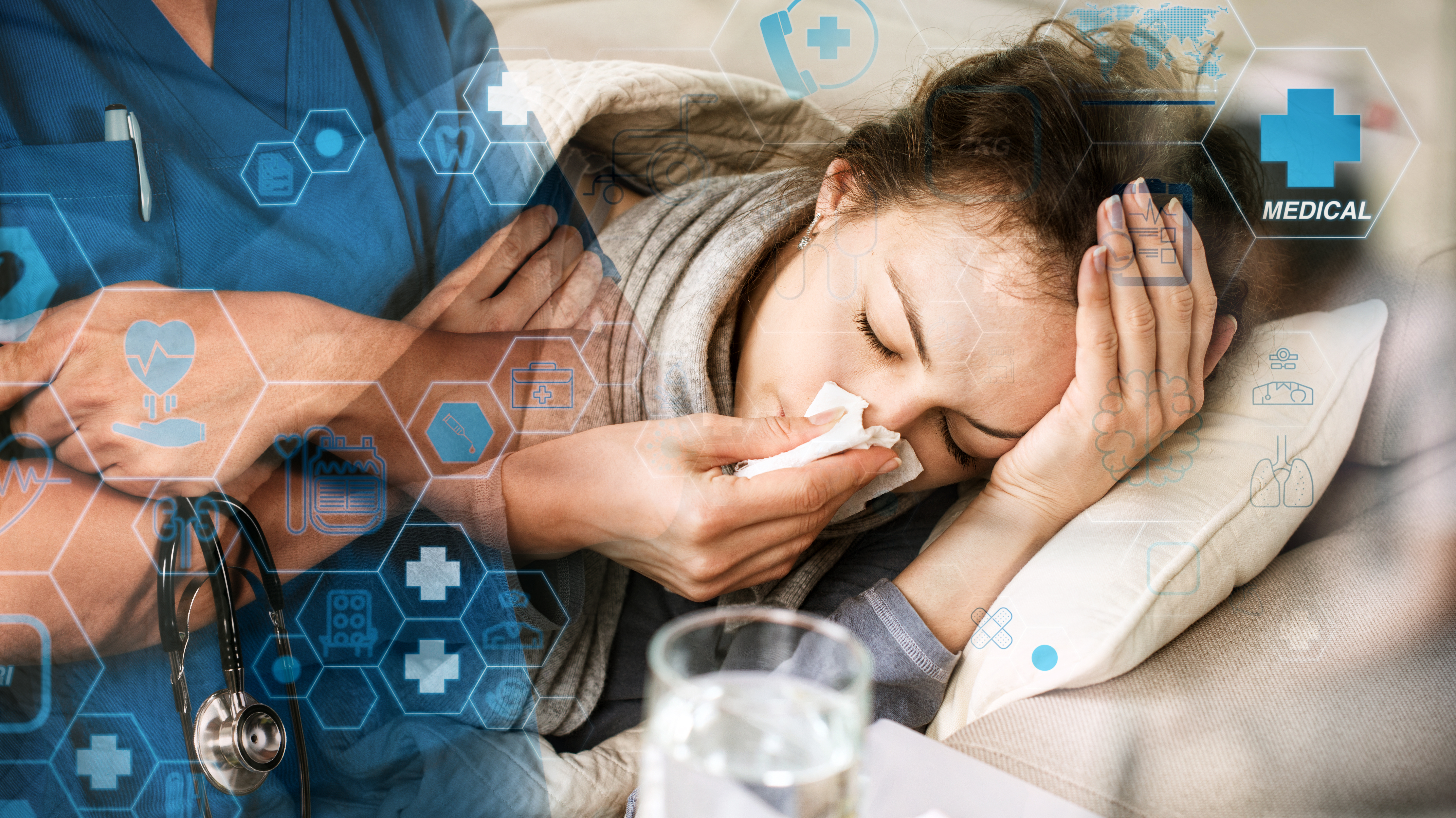 Sick,Woman.flu.woman,Caught,Cold.,Sneezing,Into,Tissue.,Headache.,Virus,.medicines