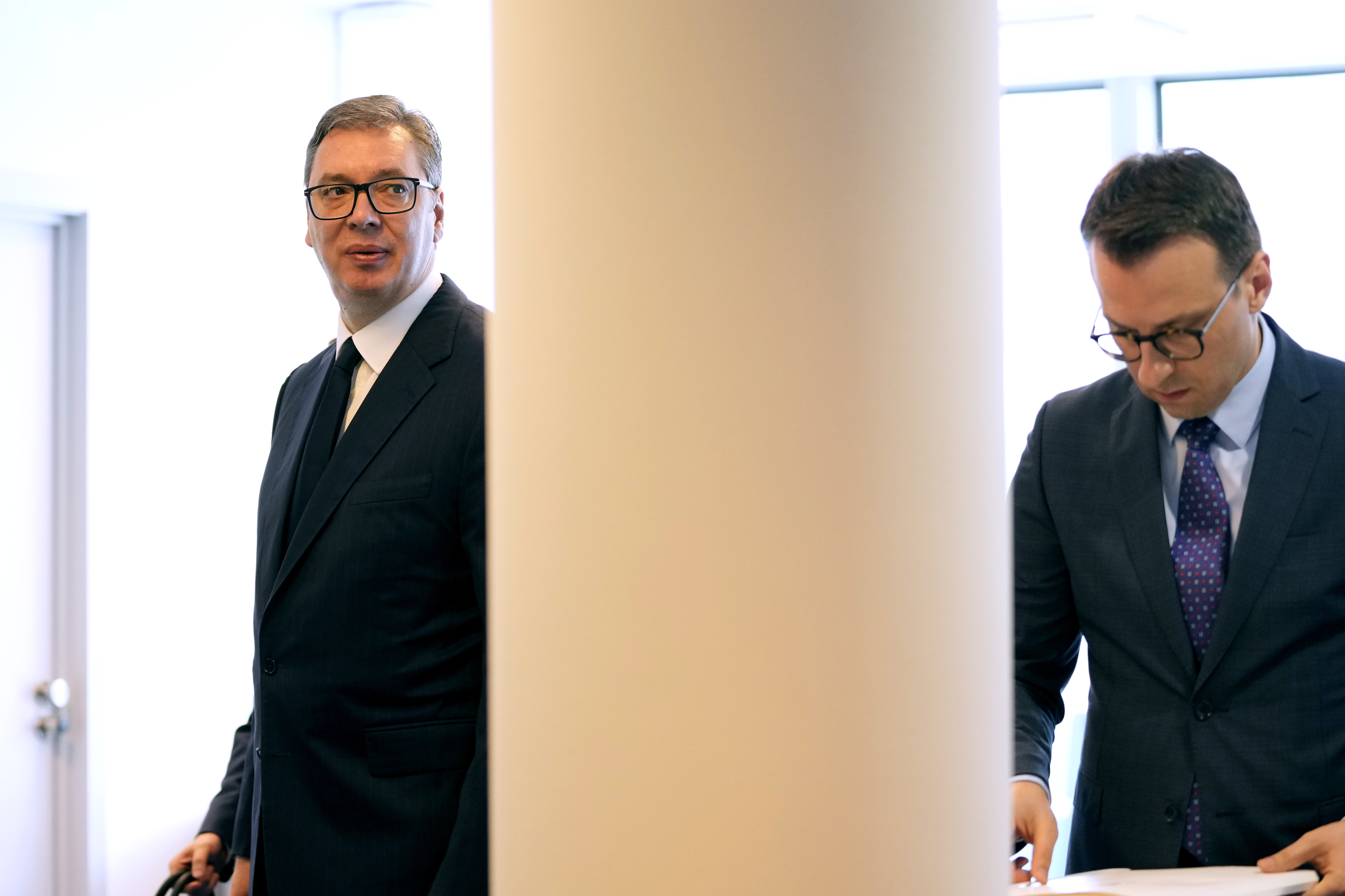 Serbia's President Aleksander Vucic, left, arrives prior to talks on Serbia-Kosovo in Brussels, Wednesday, June 26, 2024. (AP Photo/Virginia Mayo) petar petković
