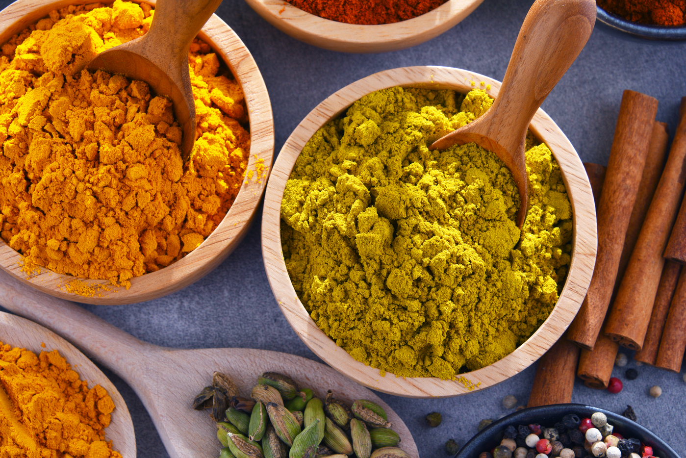 Variety of spices on kitchen table,Image: 775504968, License: Royalty-free, Restrictions: , Model Release: no, Credit line: monticello / imageBROKER / Profimedia