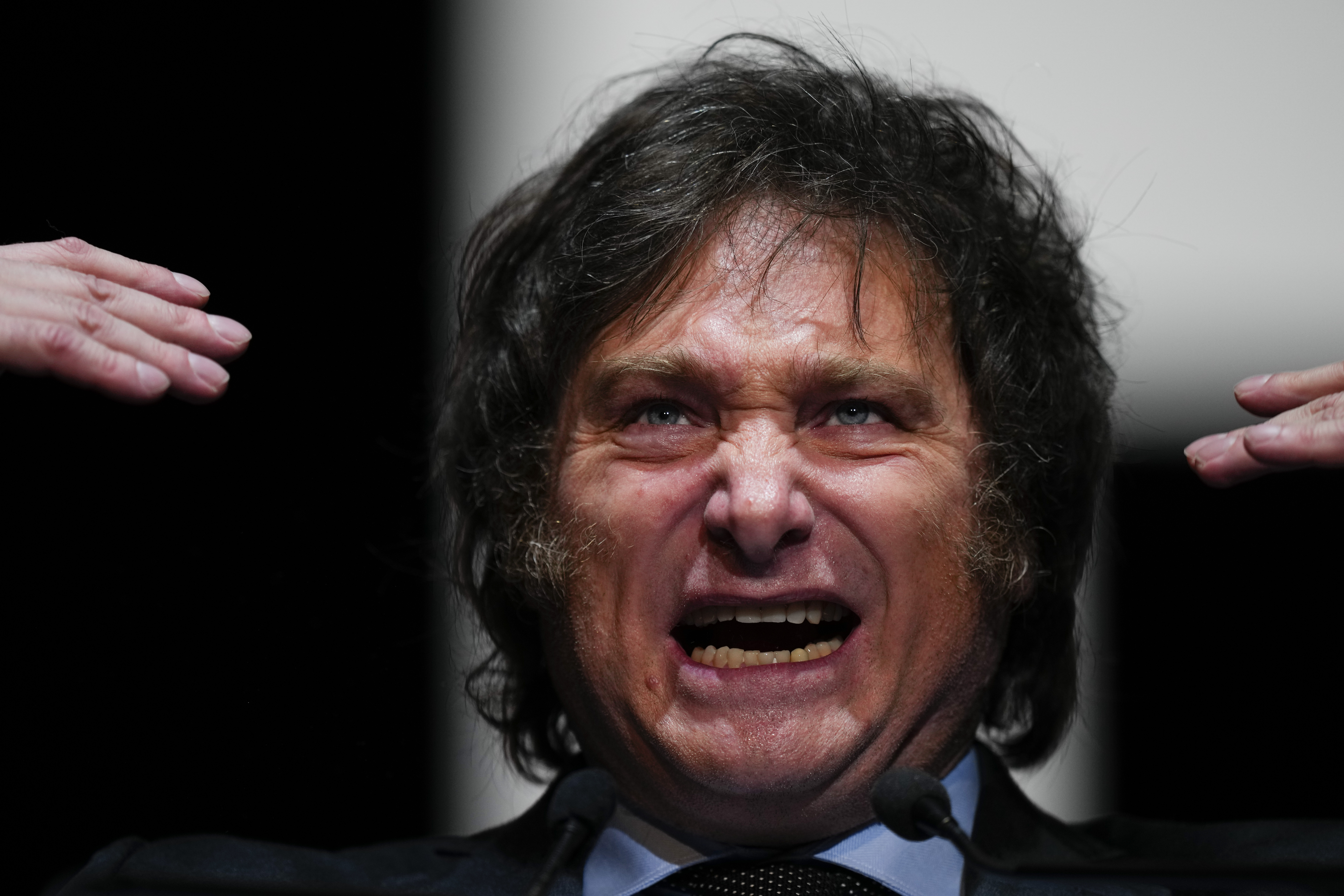 Presidential candidate of the Liberty Advances coalition Javier Milei talks during a campaign rally in Buenos Aires, Argentina, Wednesday, Oct. 18, 2023. General elections are set for Oct. 22. (AP Photo/Natacha Pisarenko)