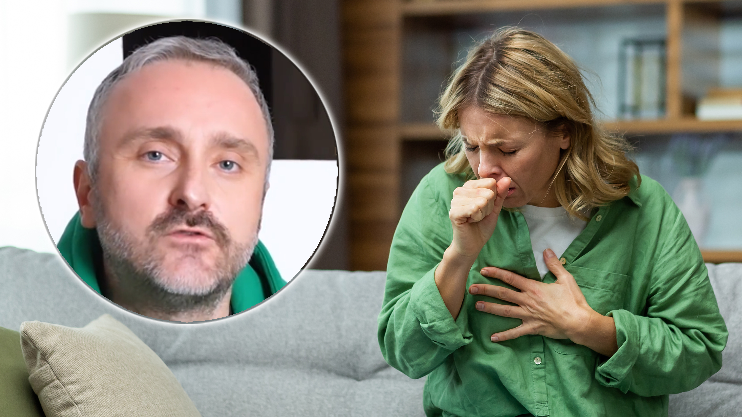 Senior beautiful woman sitting sick on sofa at home. He coughs, covers his mouth with his hand, holds his chest. Feels pain, suffers from asthma, allergies, flu, cold.