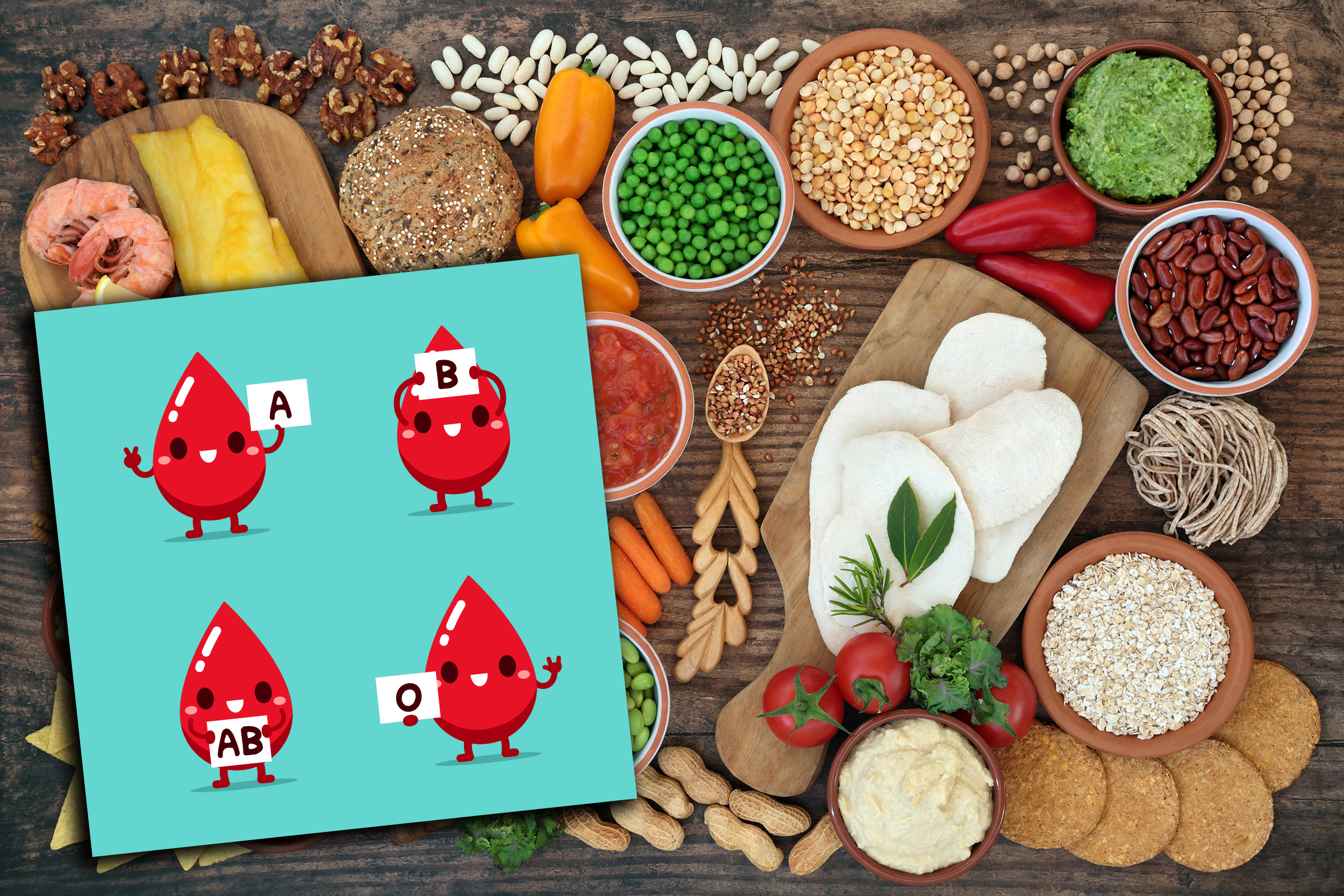 krvna grupa ishrana Low glycemic health food for diabetics with all foods below 55 on the GI index. High in antioxidants, vitamins, minerals, protein, fibre, omega 3 &amp; smart carbs. Healthcare concept. On rustic wood.