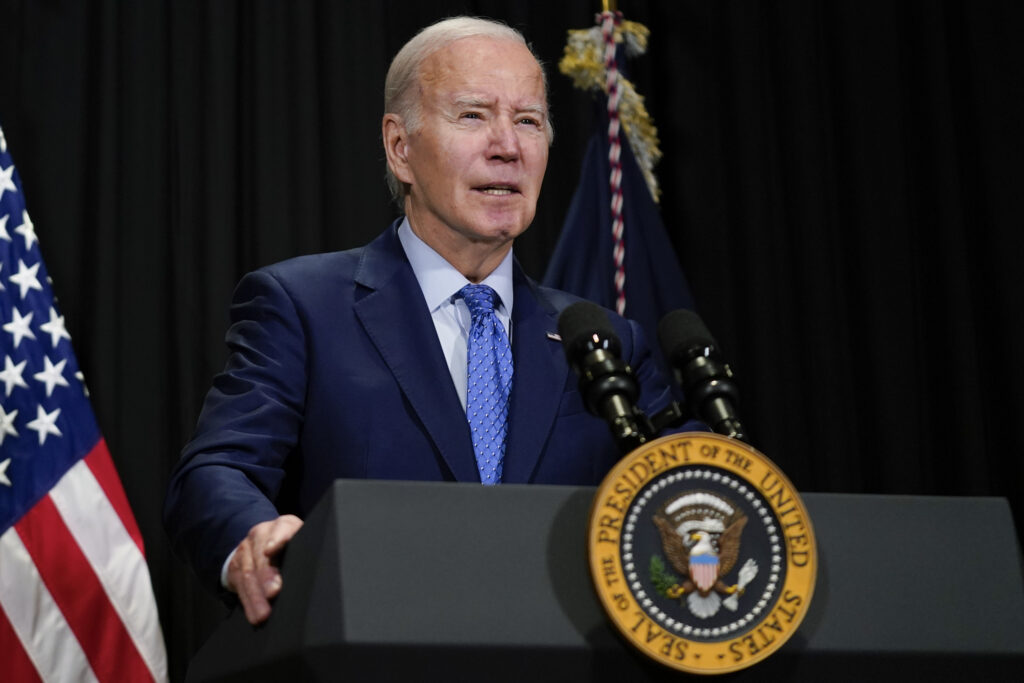 President Joe Biden speaks to reporters in Nantucket, Mass., Sunday, Nov. 26, 2023, about hostages freed by Hamas in a third set of releases under a four-day cease-fire deal between Israel and Hamas. (AP Photo/Stephanie Scarbrough)