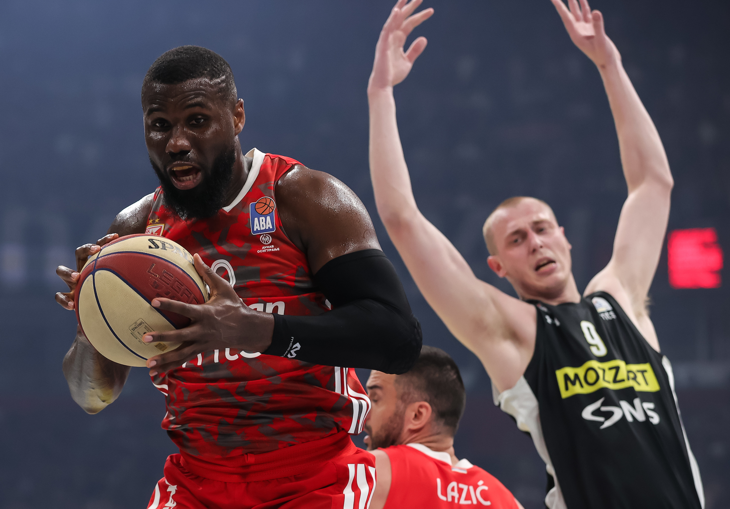 Ben Bentil (L) and Alen Smailagic during the Aba League Season 2022-2023 Play Off Final Game 5 between Partizan and Crvena Zvezda at Stark Arena on June 22, 2023 in Belgrade, Serbia. (Photo by Srdjan Stevanovic/Starsport.rs ©)