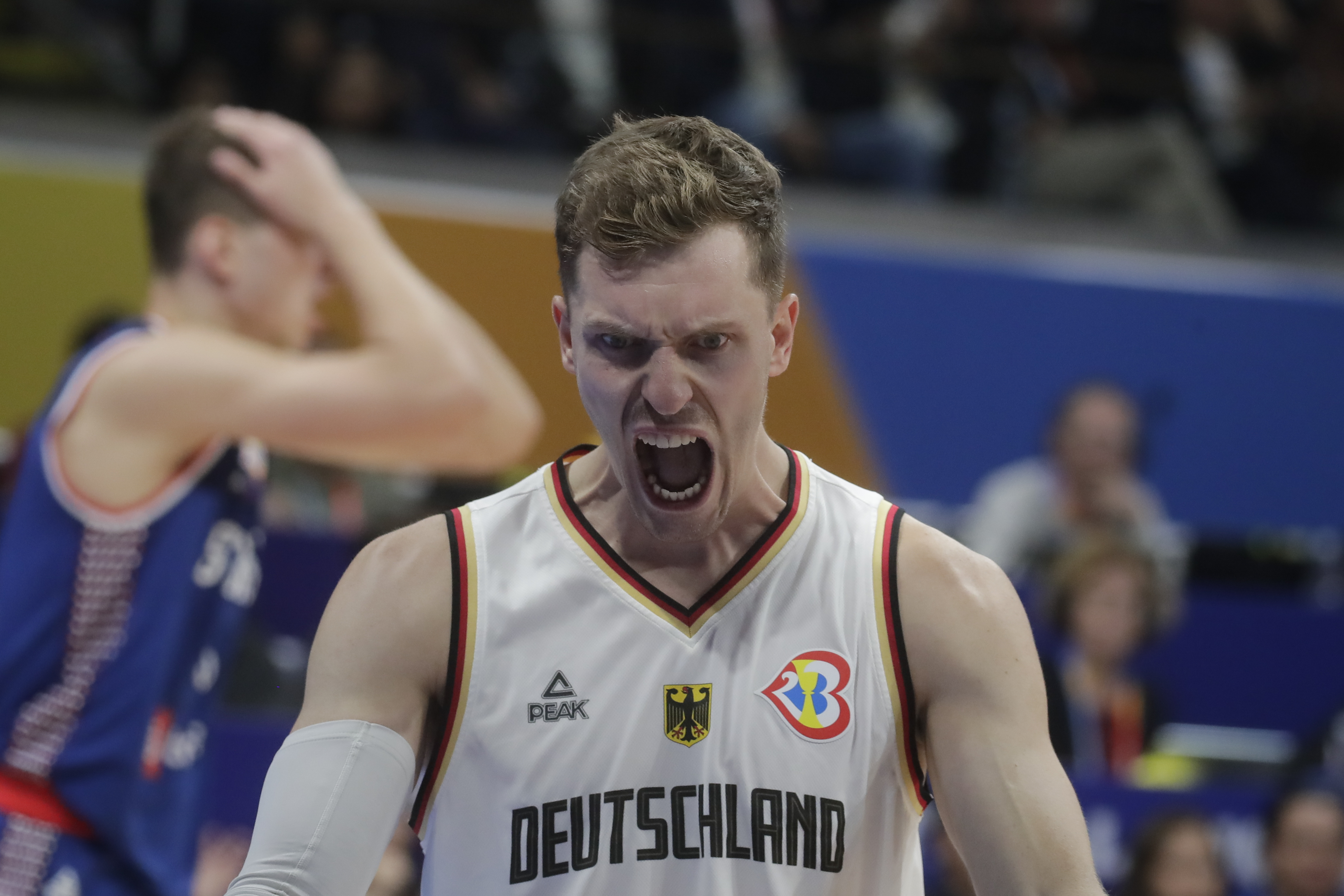 epa10852808 Andreas Obst of Germany reacts during the FIBA Basketball World Cup 2023 final match between Serbia and Germany at the Mall of Asia in Manila, Philippines, 10 September 2023.  EPA-EFE/FRANCIS R. MALASIG