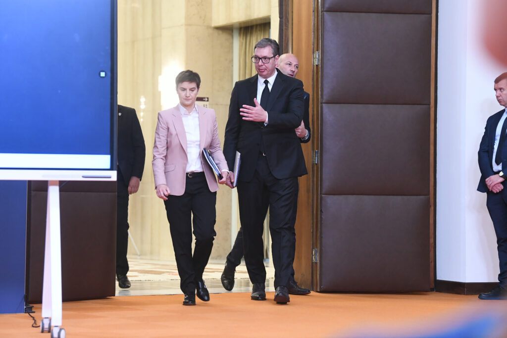 Beograd 07.06.2023. Konferencija za novinare predsednika Aleksandra Vučića i premijerke Ane Brnabić u Palati Srbija grimasa Foto:Vesna Lalić/Nova.rs