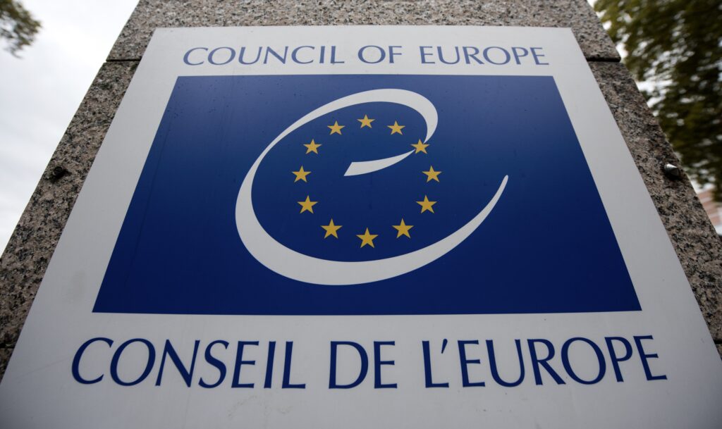 epa06256366 A sign reading 'Council of Europe' hangs on a wall in Strasbourg, France, 10 October 2017.  EPA-EFE/PATRICK SEEGER