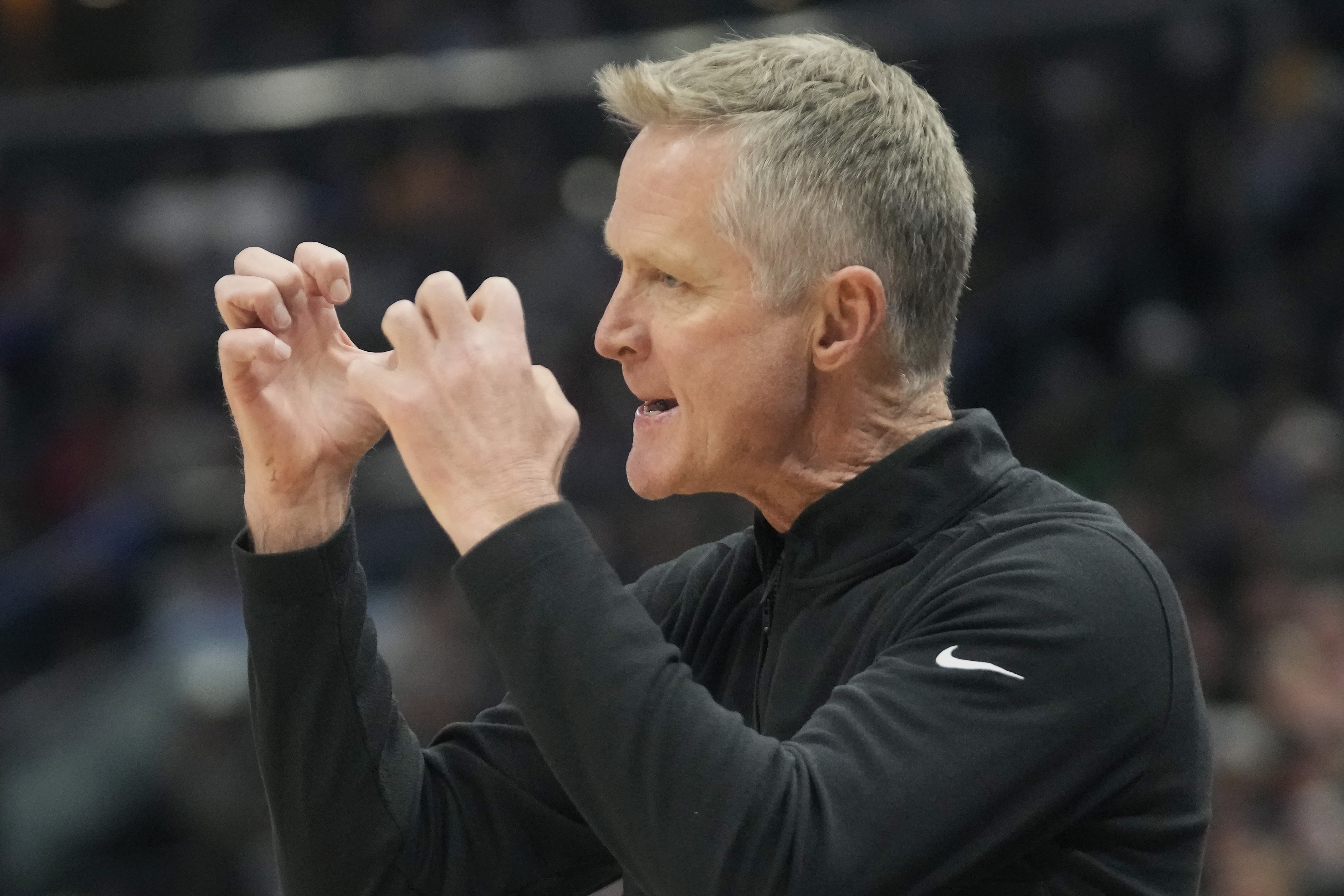 Golden State Warriors head coach Steve Kerr reacts during the first half of an NBA basketball game against the Utah Jazz, Thursday, Feb. 15, 2024, in Salt Lake City. (AP Photo/Rick Bowmer)