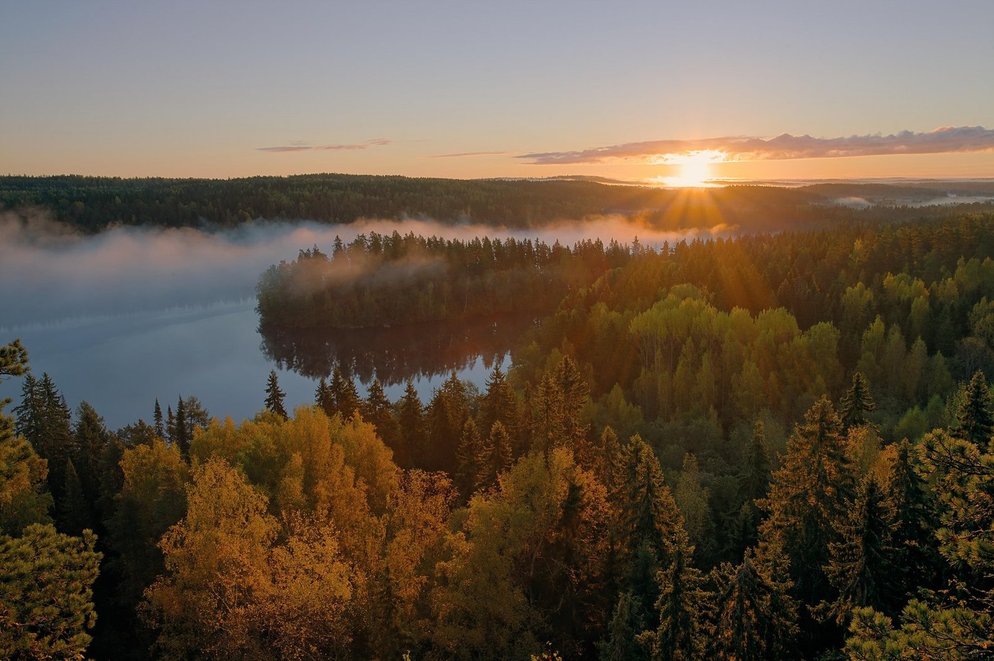 Foggy morning inf the Aulanko nature reserve park in Finland. The sun hits the fog above the lake in the early morning.