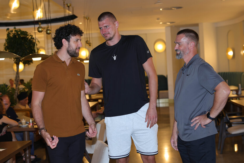 Vasilije Micic (L) and Nikola Jokic (C) tokom okupljanja kosarkaske reprezentacije Srbije, KSS, at hotel Crown Plaza on June 24, 2024 in Belgrade, Serbia. (Photo by Srdjan Stevanovic/Starsport.rs ©)