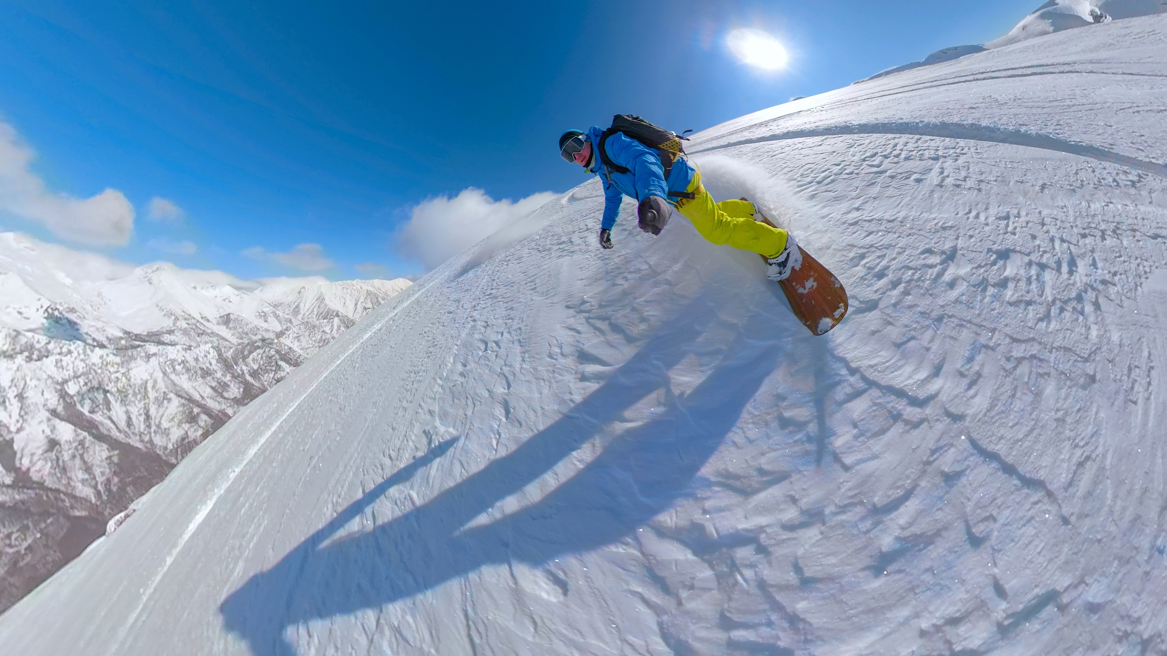 Selfie,,Lens,Flare:,Extreme,Snowboarder,Rides,Untouched,Powder,Snow,On