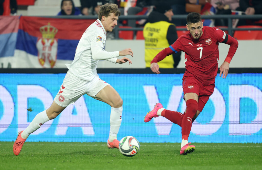 Serbia's vies with Denmark's during the UEFA Nations League 2024/25, League A, Group A4, football match between Serbia and Denmark in Leskovac, Serbia on Nov. 18, 2024.
photo: Pedja Milosavljevic/STARSPORT