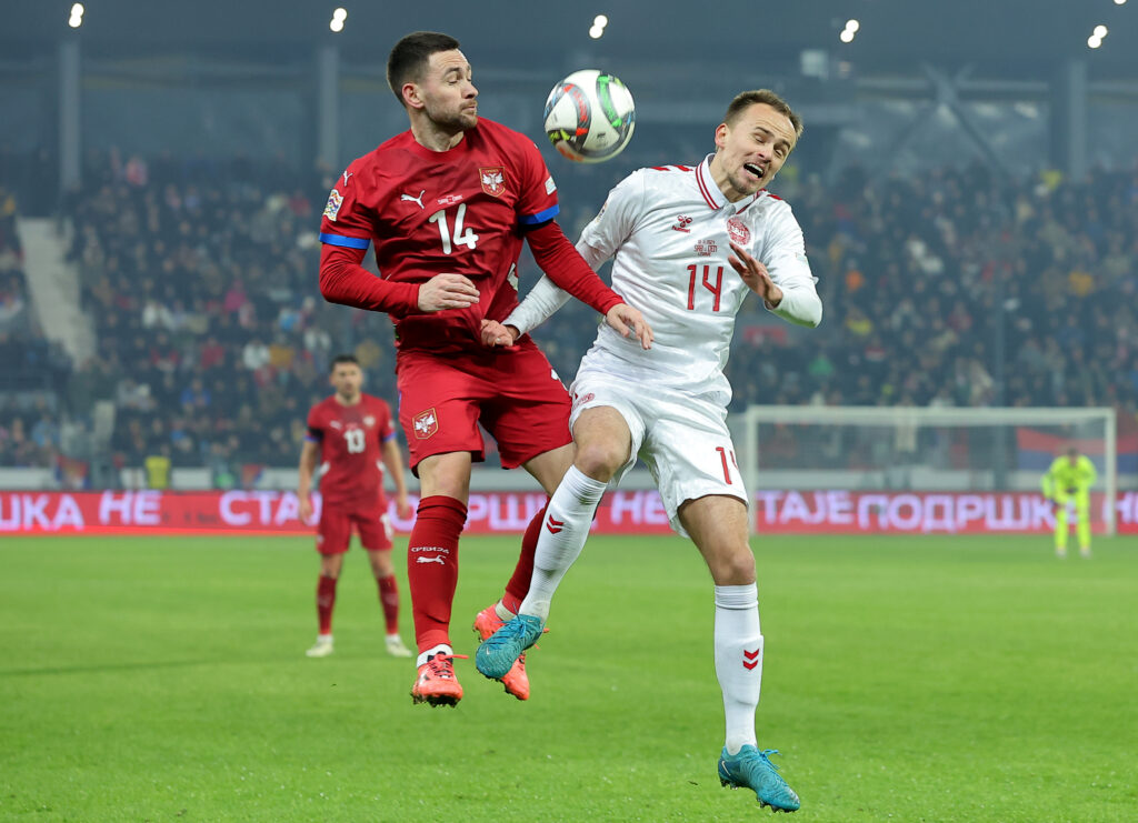 Serbia's vies with Denmark's during the UEFA Nations League 2024/25, League A, Group A4, football match between Serbia and Denmark in Leskovac, Serbia on Nov. 18, 2024.
photo: Pedja Milosavljevic/STARSPORT