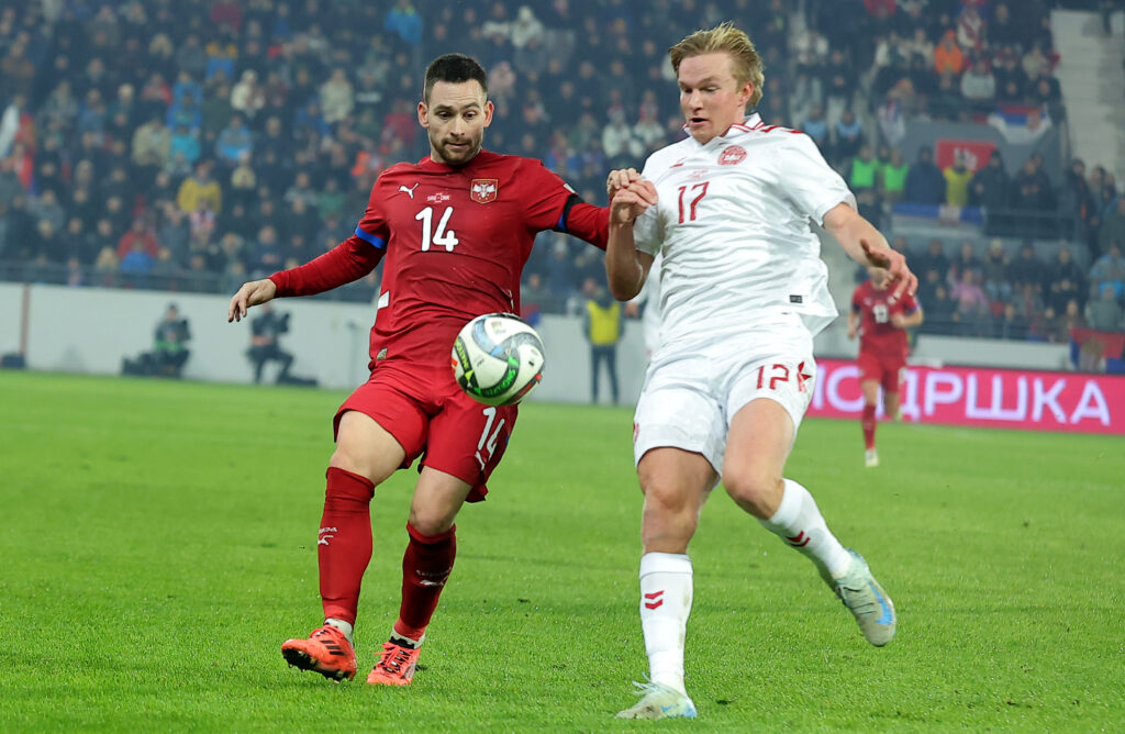 Serbia's vies with Denmark's during the UEFA Nations League 2024/25, League A, Group A4, football match between Serbia and Denmark in Leskovac, Serbia on Nov. 18, 2024.
photo: Pedja Milosavljevic/STARSPORT
