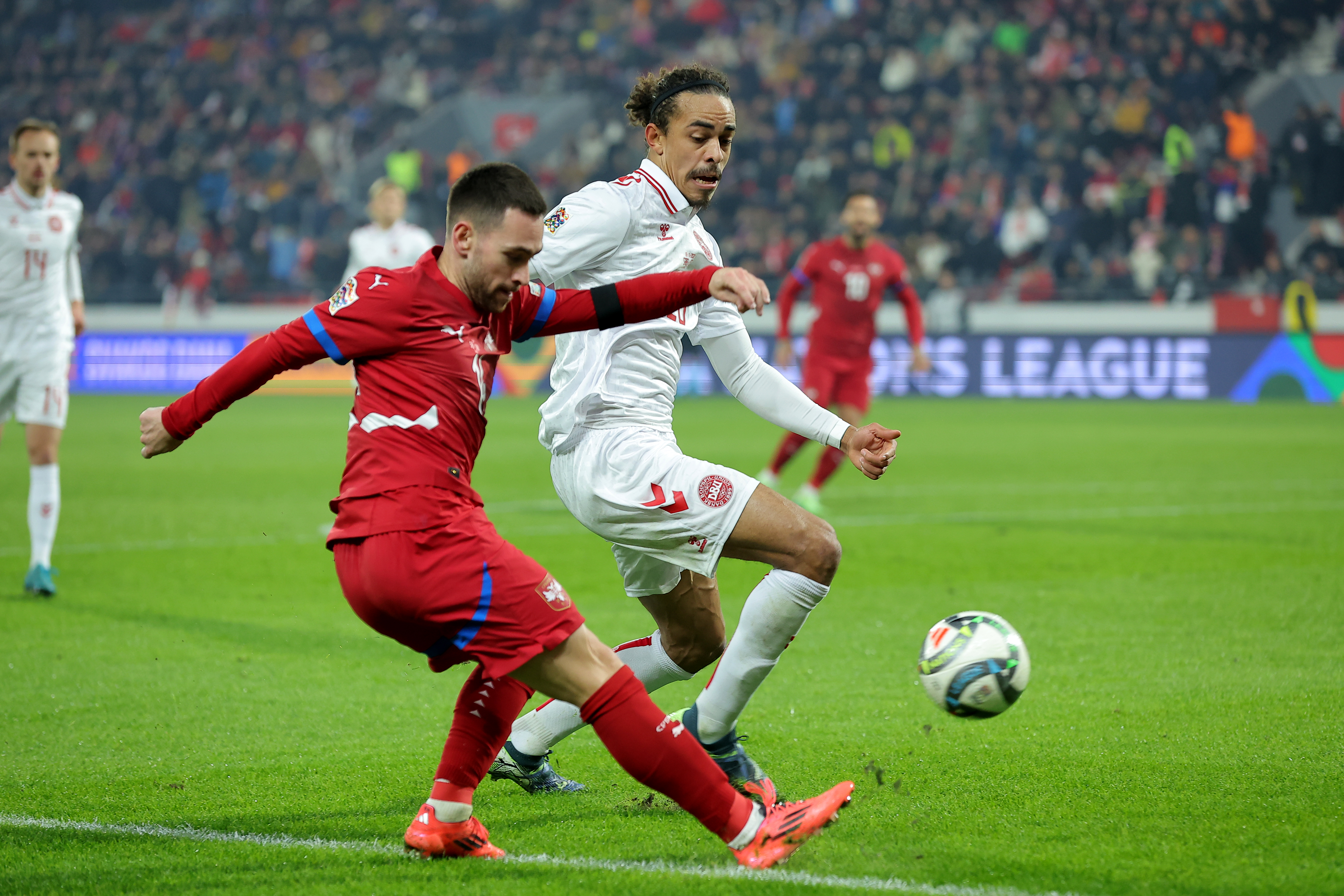 Serbia's vies with Denmark's during the UEFA Nations League 2024/25, League A, Group A4, football match between Serbia and Denmark in Leskovac, Serbia on Nov. 18, 2024.
photo: Pedja Milosavljevic/STARSPORT