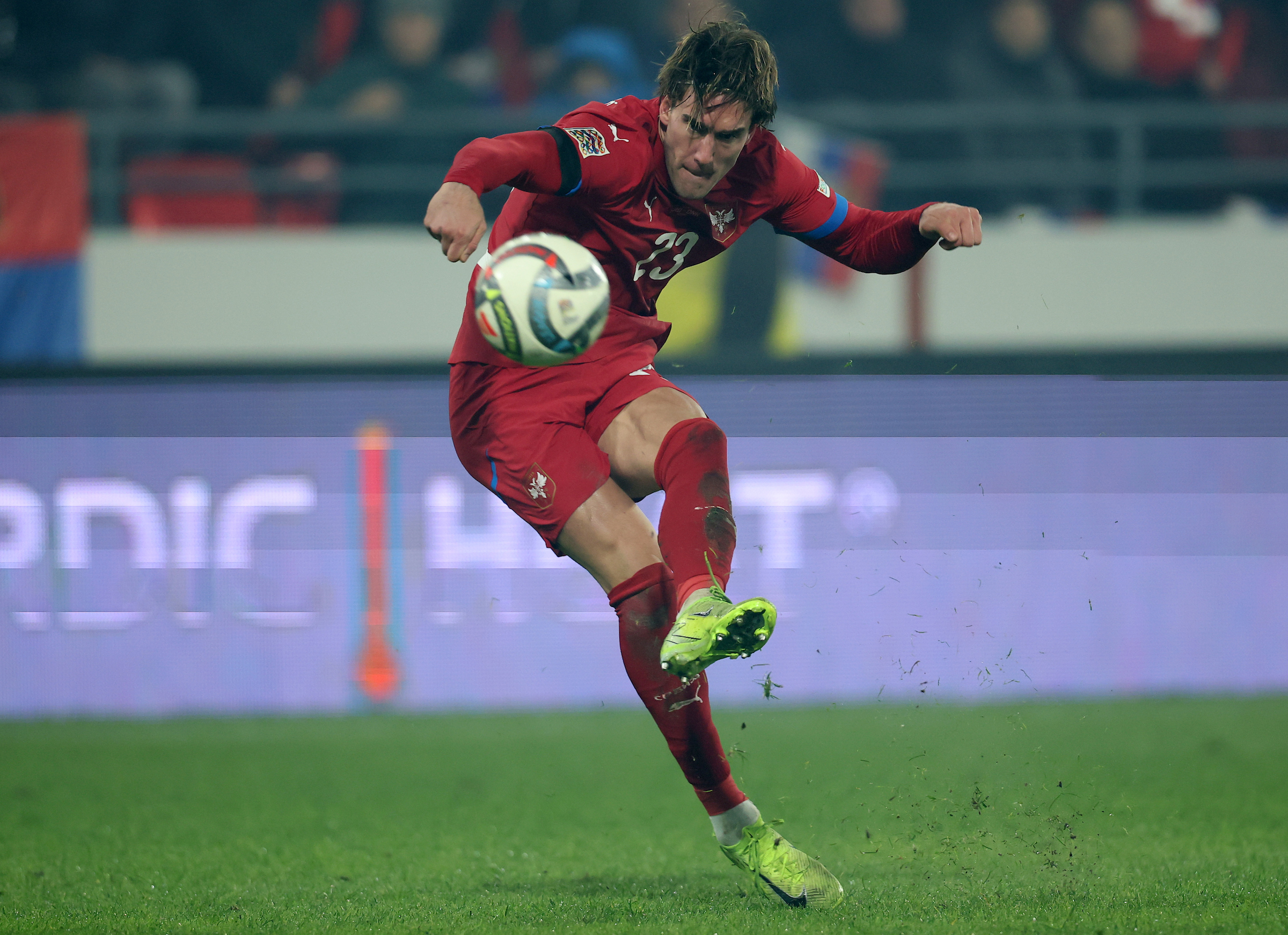 Serbia's vies with Denmark's during the UEFA Nations League 2024/25, League A, Group A4, football match between Serbia and Denmark in Leskovac, Serbia on Nov. 18, 2024.
photo: Pedja Milosavljevic/STARSPORT