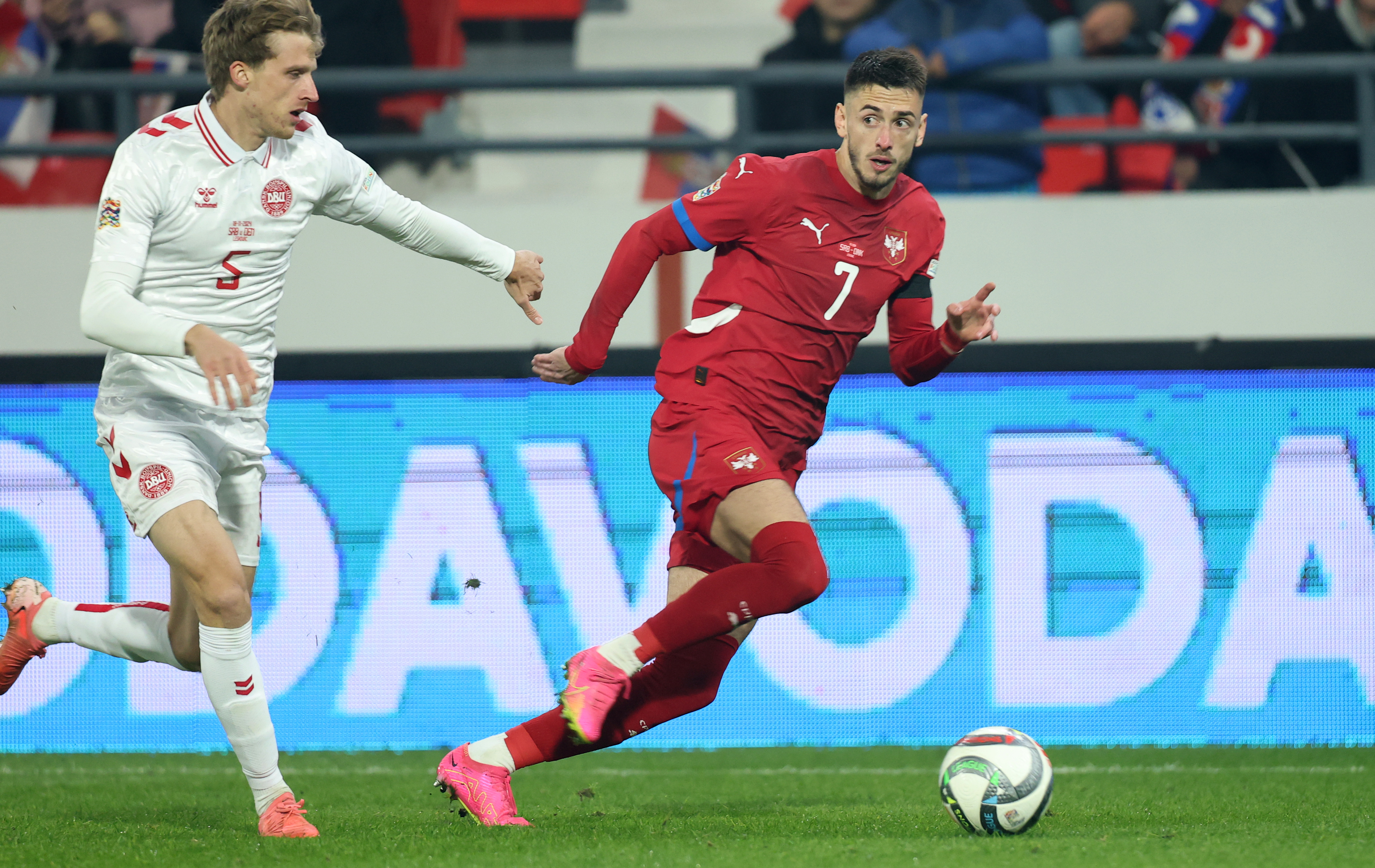 Serbia's vies with Denmark's during the UEFA Nations League 2024/25, League A, Group A4, football match between Serbia and Denmark in Leskovac, Serbia on Nov. 18, 2024.
photo: Pedja Milosavljevic/STARSPORT