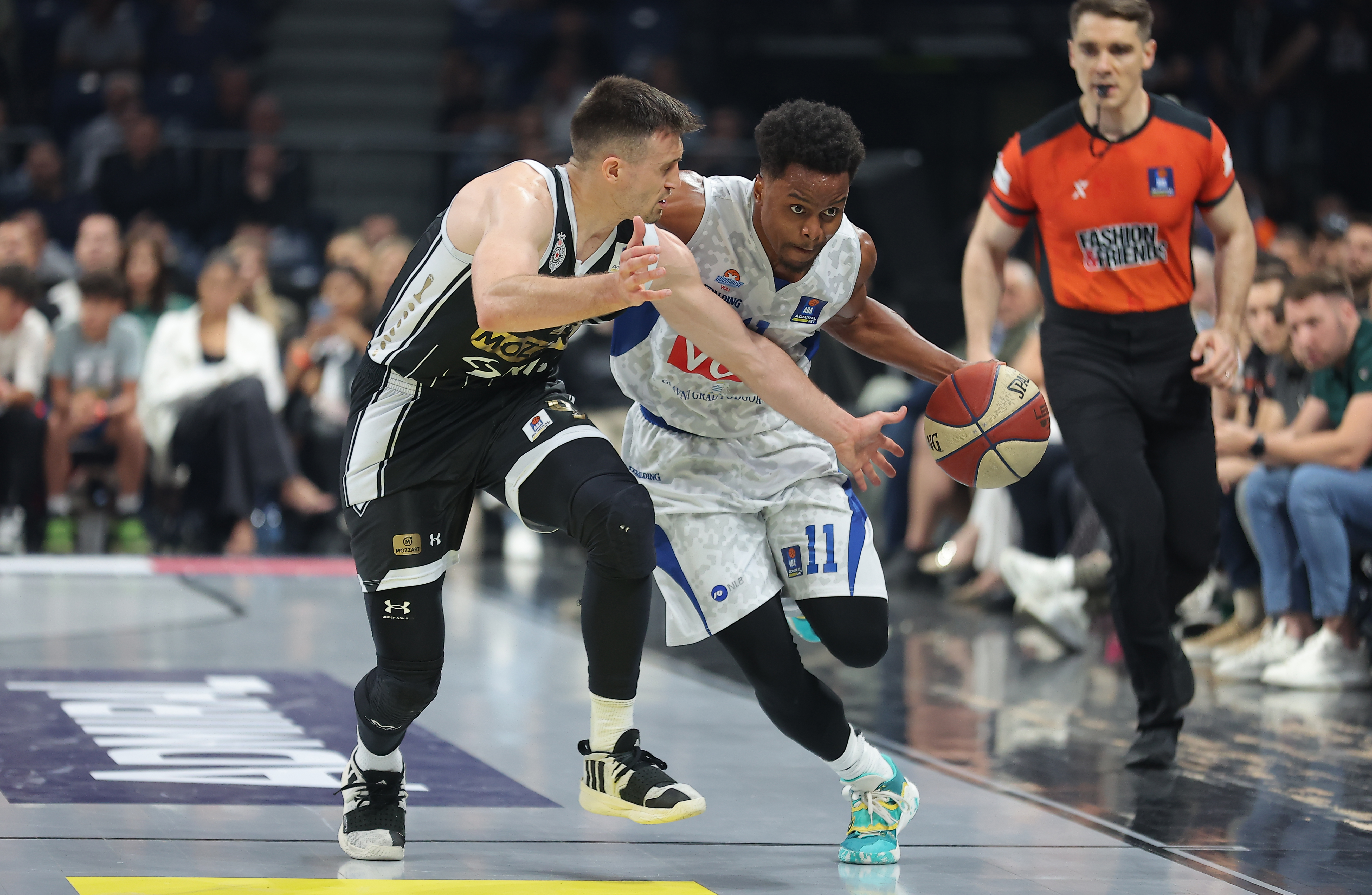 Aleksa Avramovic i Kevin Duane Ferrell Jr Partizan v Buducnost, ABA Liga, play off, plej of,  basketball match between Partizan and Buducnost in Belgrade, Serbia on April 30, 2024.
foto: Pedja Milosavljevic/STARSPORT