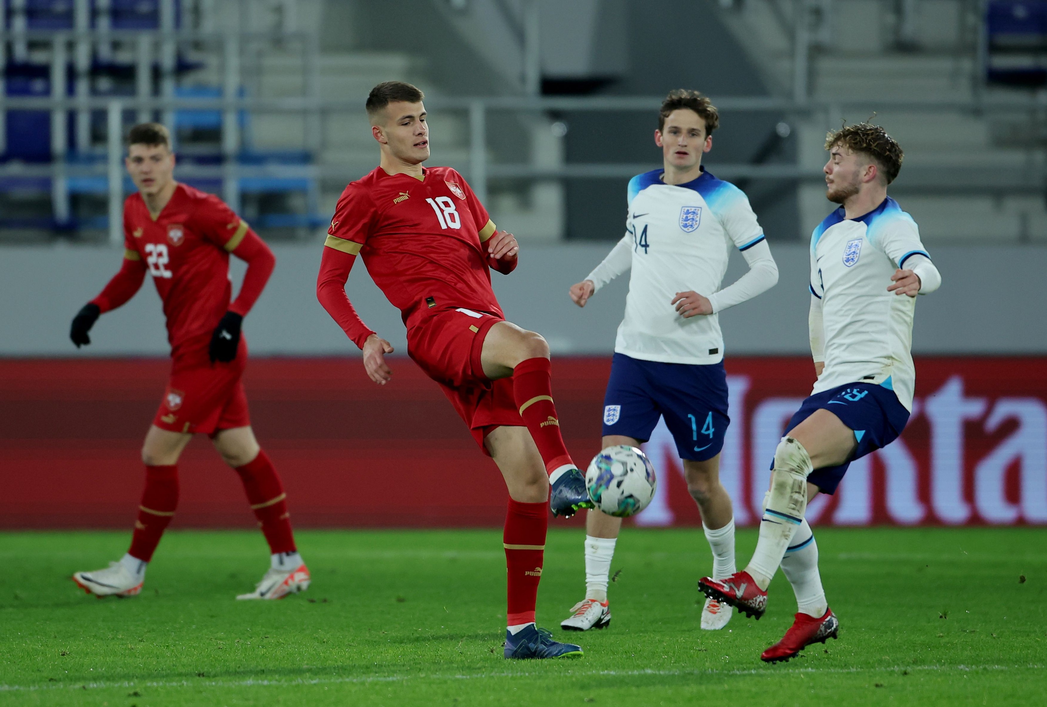 Serbia U21 v England U21, UEFA U21 European Championship 2023 Qualifying, Group F, Football, TSC Arena, Backa Topola, Serbia - 18 Nov 2023