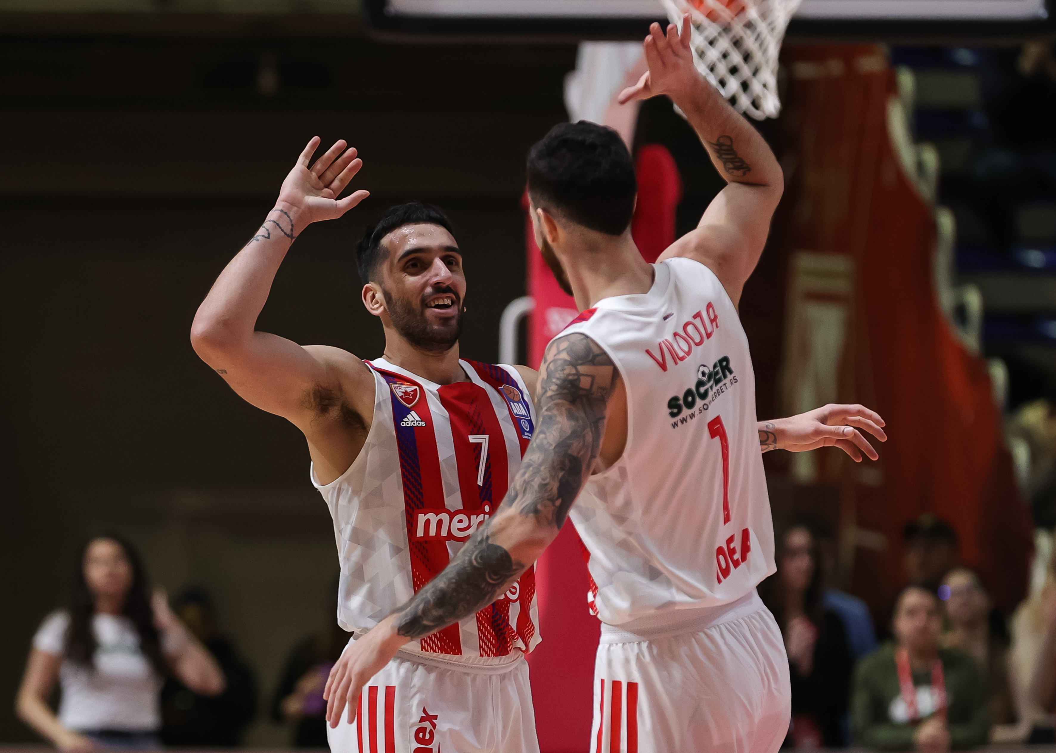 Facundo Campazzo (L) and Luca Vildoza during the 2022/2023 Aba League match between Crvena Zvezda mts Belgrade and Cedevita Olimpija at Aleksandar Nikolic Hall on January 23, 2023 in Belgrade, Serbia. (Photo by Srdjan Stevanovic/Starsport.rs ©)