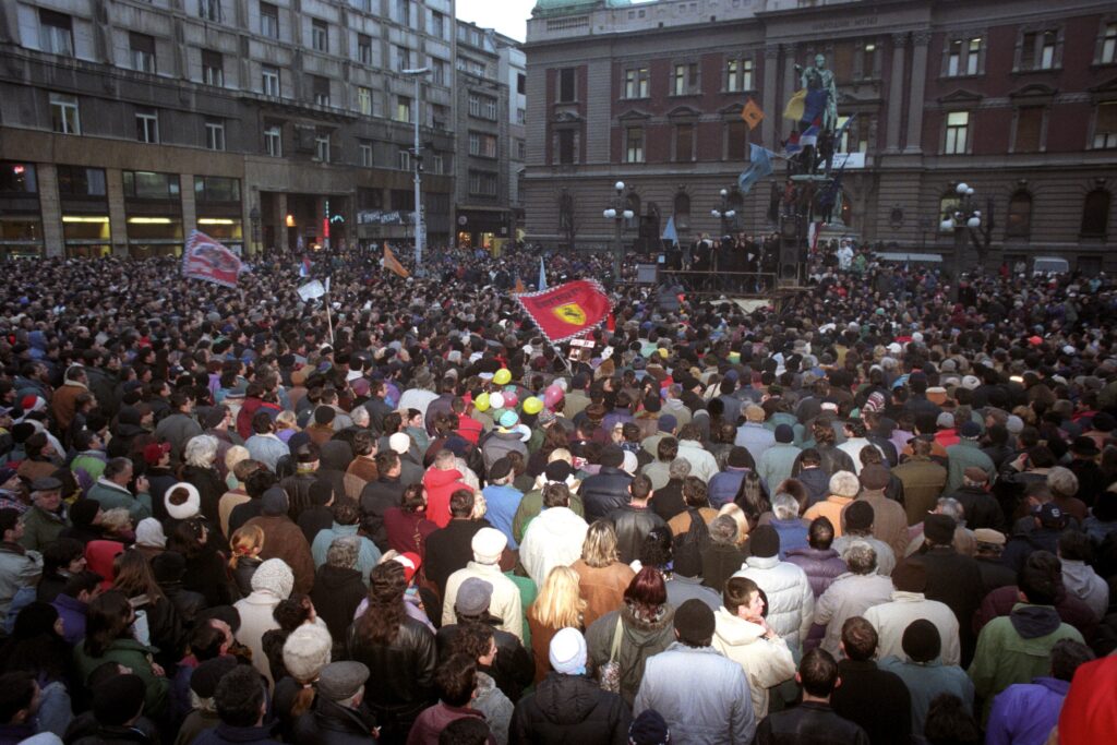 People take part in the anti-government demonstration in the center of Belgrade, Yugoslavia, 09 January 1997. Thousands of protesters took part in the demonstration. EPA/ZELKJO GLUHIN