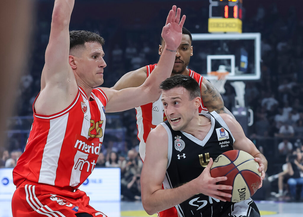 during the Aba League Season 2023-2024 Final Game 3 match between Partizan and Crvena Zvezda at Belgrade Arena on May 19, 2024 in Belgrade, Serbia. (Photo by Pedja Milosavljevic/Starsport.rs ©)