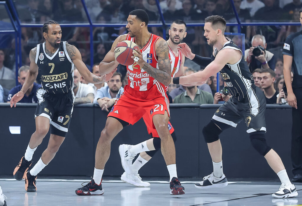 during the Aba League Season 2023-2024 Final Game 3 match between Partizan and Crvena Zvezda at Belgrade Arena on May 19, 2024 in Belgrade, Serbia. (Photo by Pedja Milosavljevic/Starsport.rs ©)