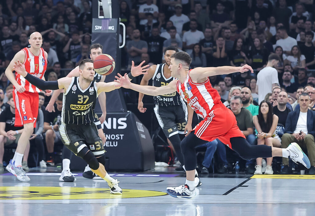 during the Aba League Season 2023-2024 Final Game 3 match between Partizan and Crvena Zvezda at Belgrade Arena on May 19, 2024 in Belgrade, Serbia. (Photo by Pedja Milosavljevic/Starsport.rs ©)